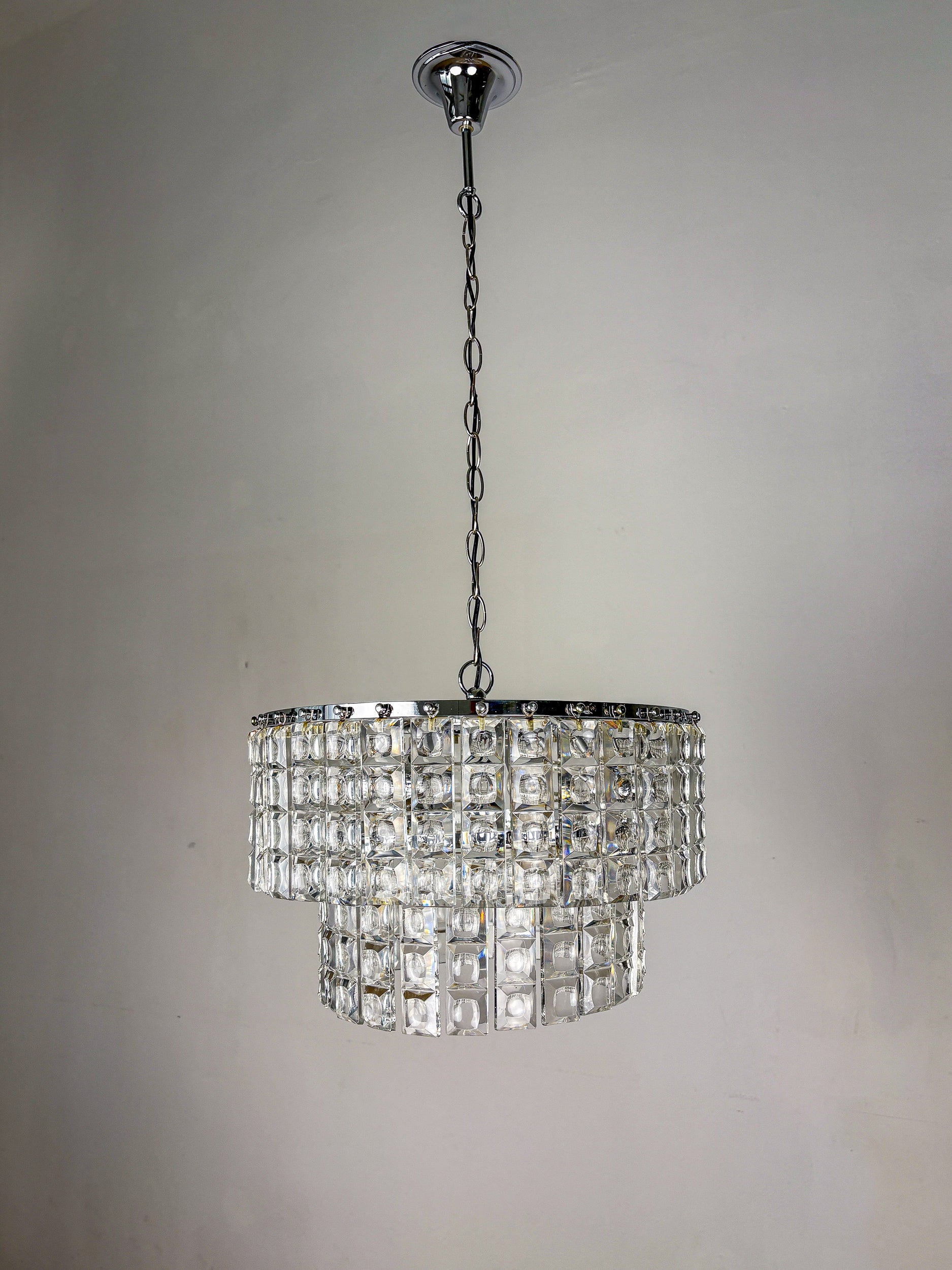 Kinkeldey 2-Tier Cut Crystal Chandelier, Gilt Brass, Circa 1970's, Germany