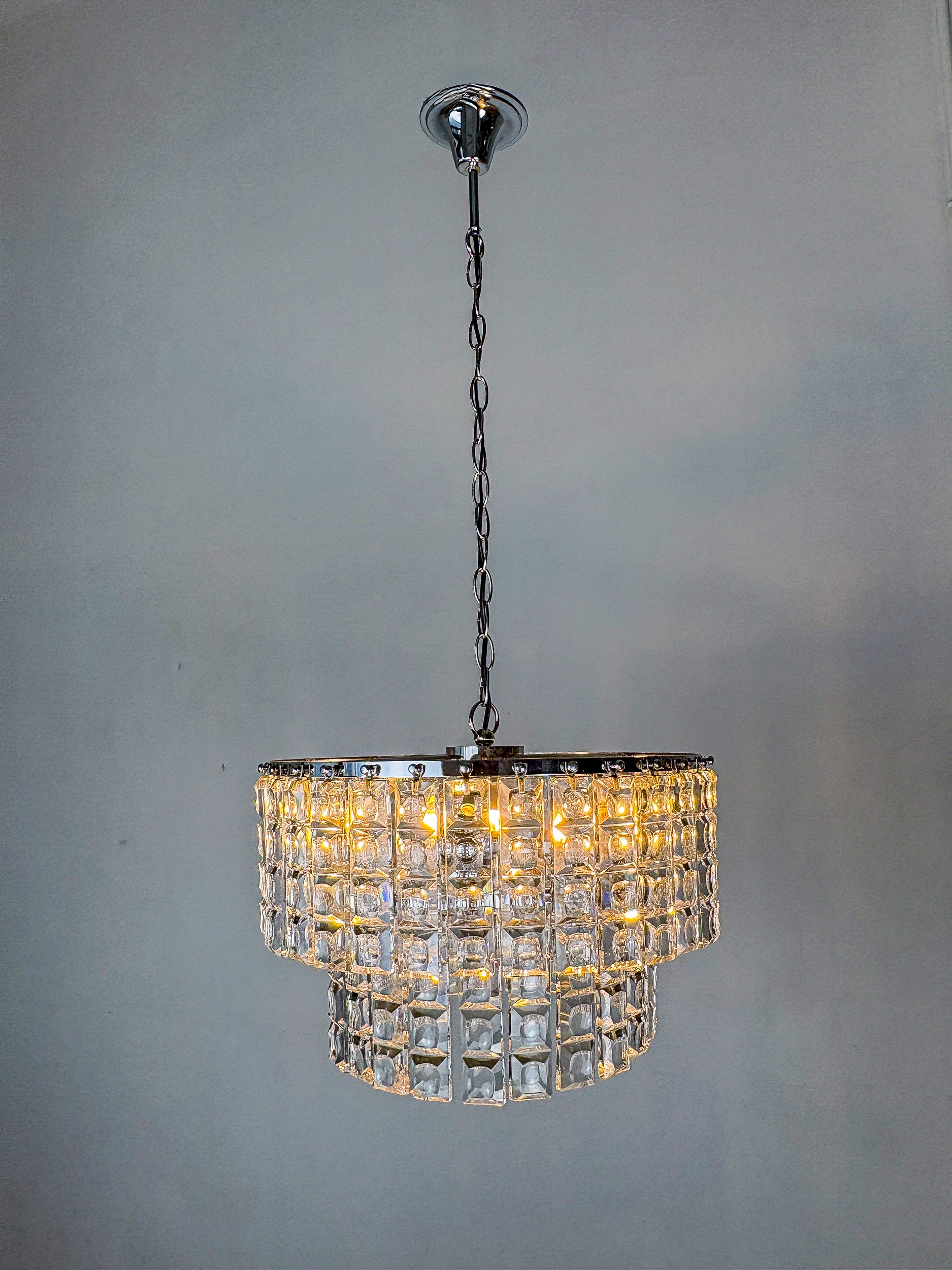 Kinkeldey 2-Tier Cut Crystal Chandelier, Gilt Brass, Circa 1970's, Germany
