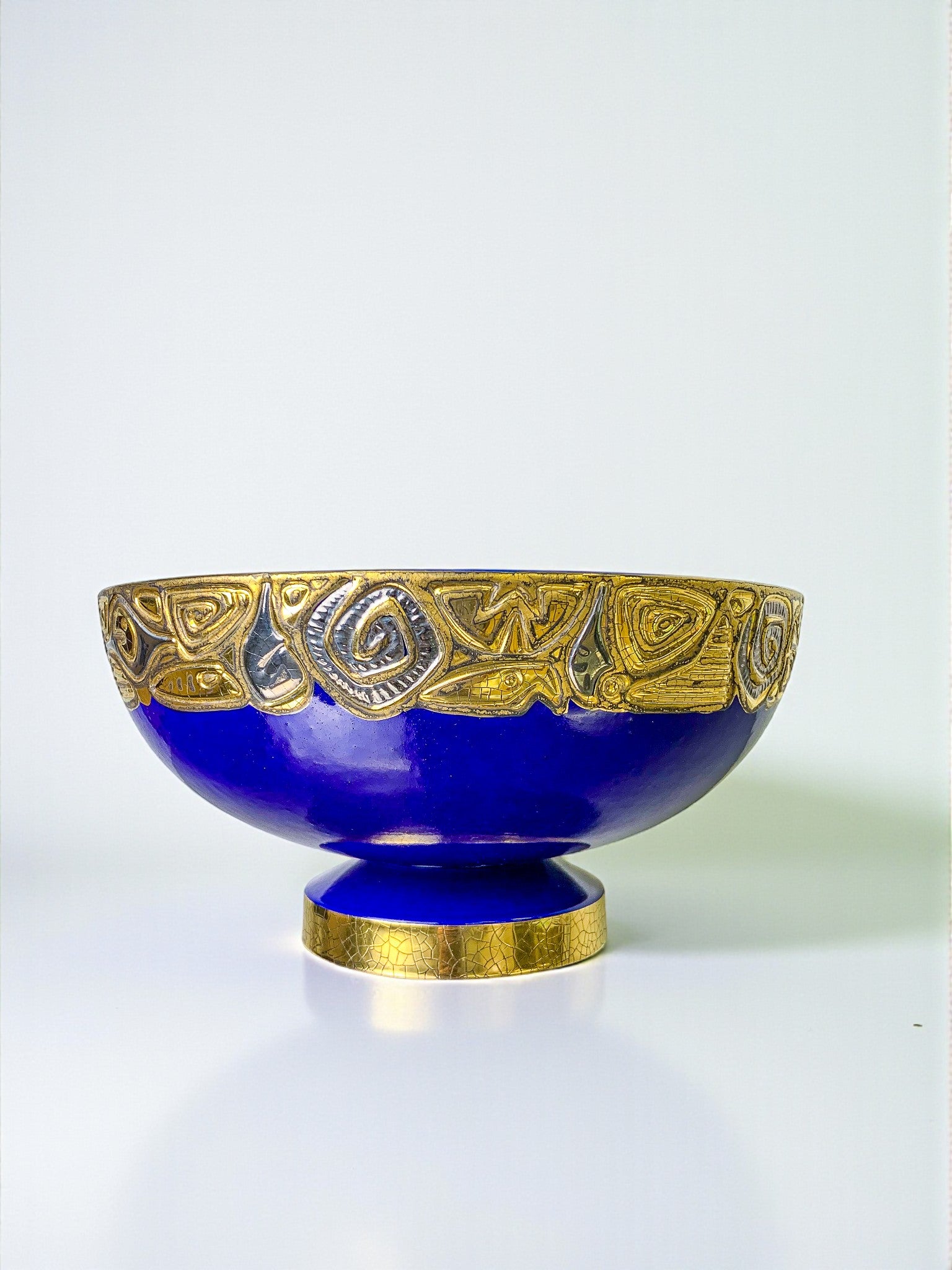 Art Deco French Ceramic Centerpiece Bowl, Hand-Painted Cobalt Blue & Gold, 20th Century