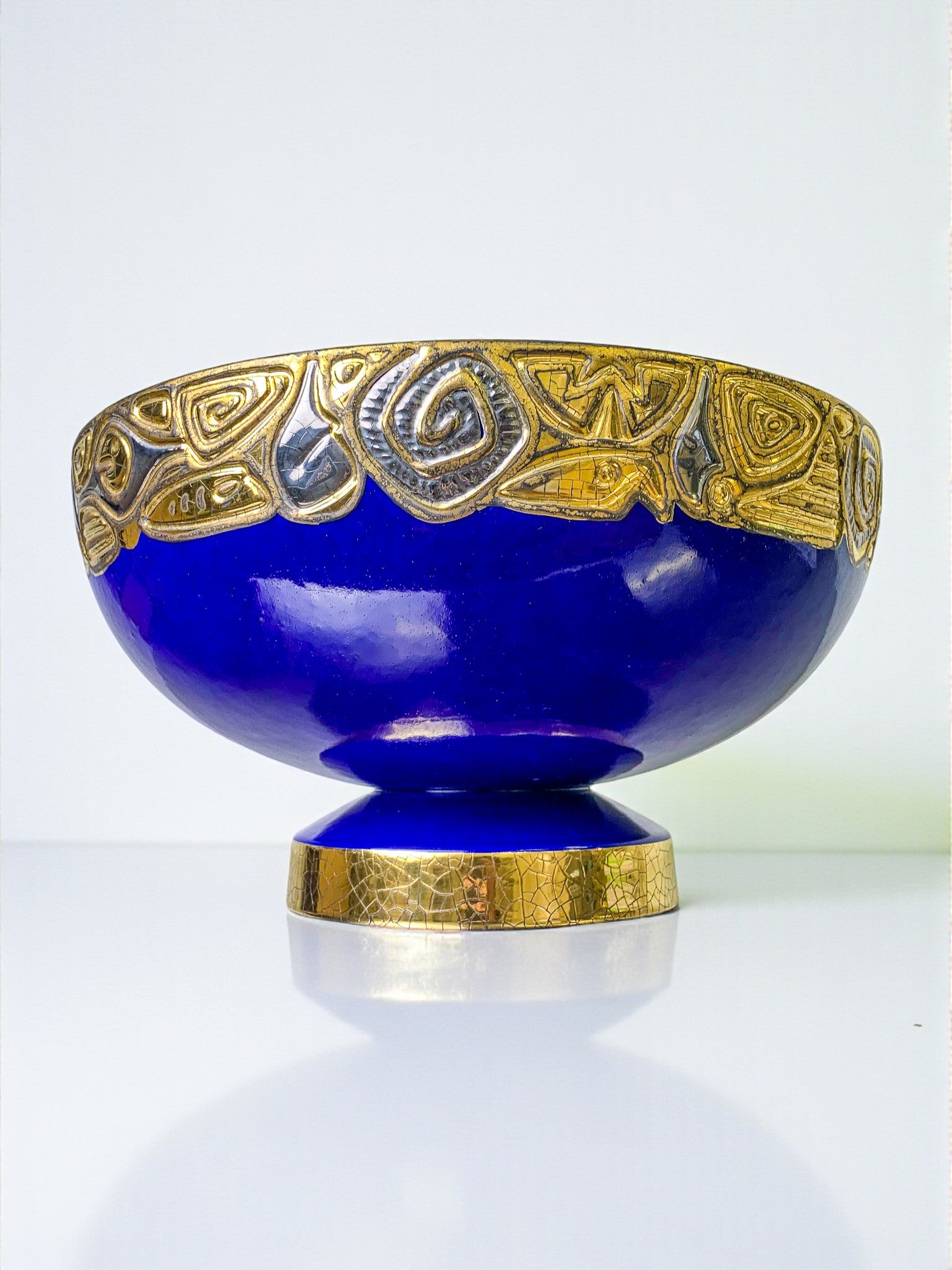 Art Deco French Ceramic Centerpiece Bowl, Hand-Painted Cobalt Blue & Gold, 20th Century