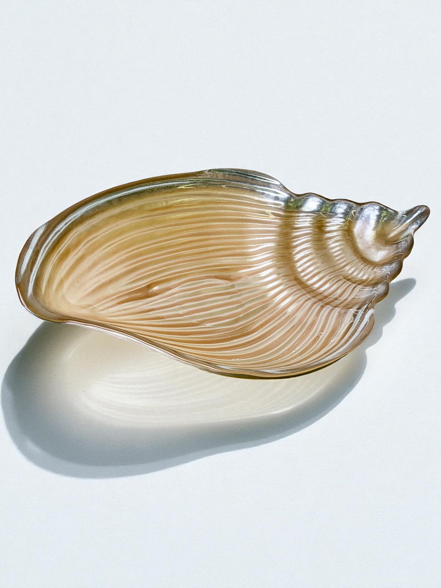 Large Murano Glass Shell Centerpiece Bowl, Amber Iridescent, Italy, 1980s