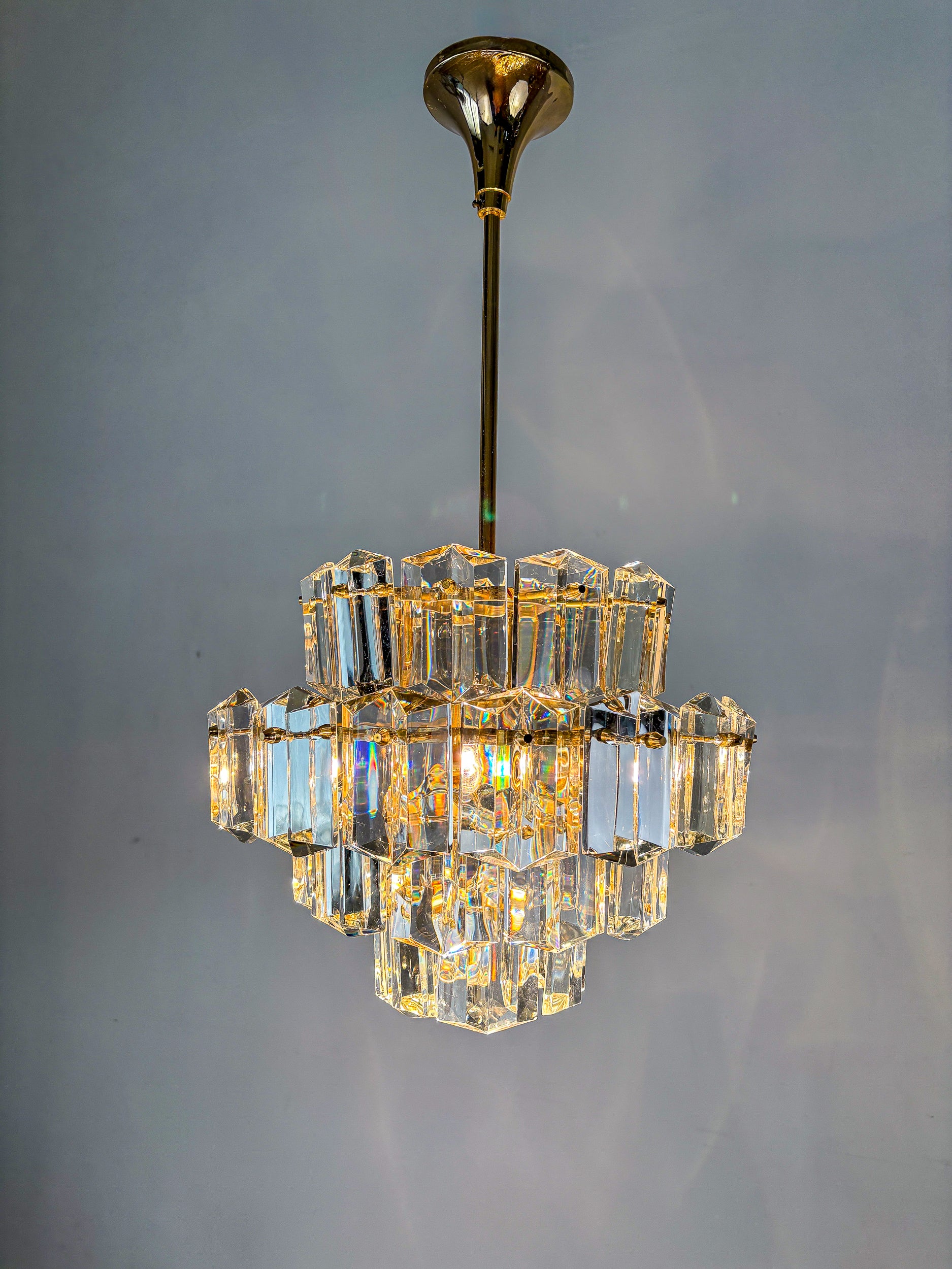 Kinkeldey 4-Tier Cut Crystal Chandelier, Gilt Brass, 1970s, Germany