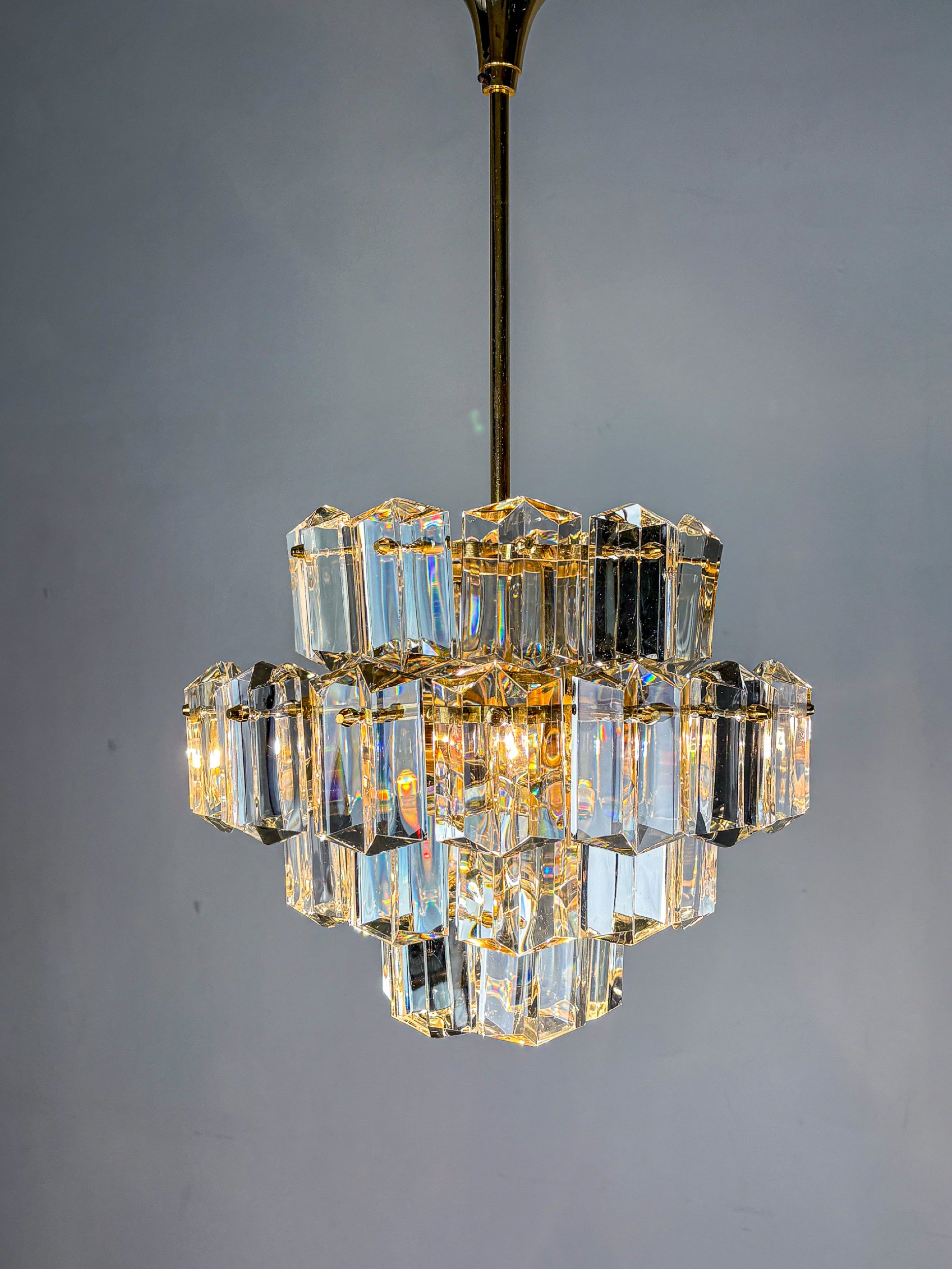 Kinkeldey 4-Tier Cut Crystal Chandelier, Gilt Brass, 1970s, Germany
