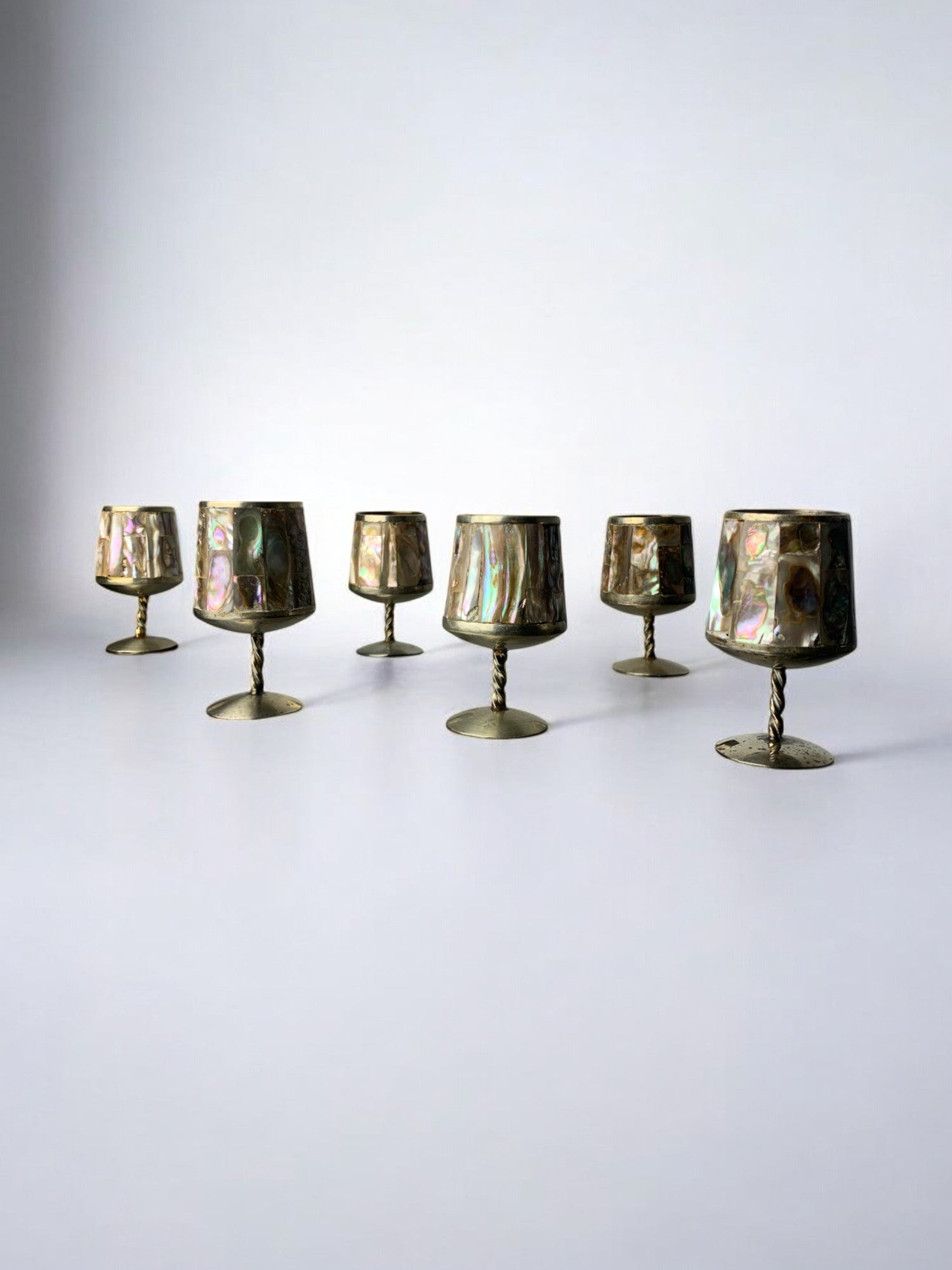 Abalone Shell & Alpaca Shot Glasses, set of 6,  Mexico, circa 1970's