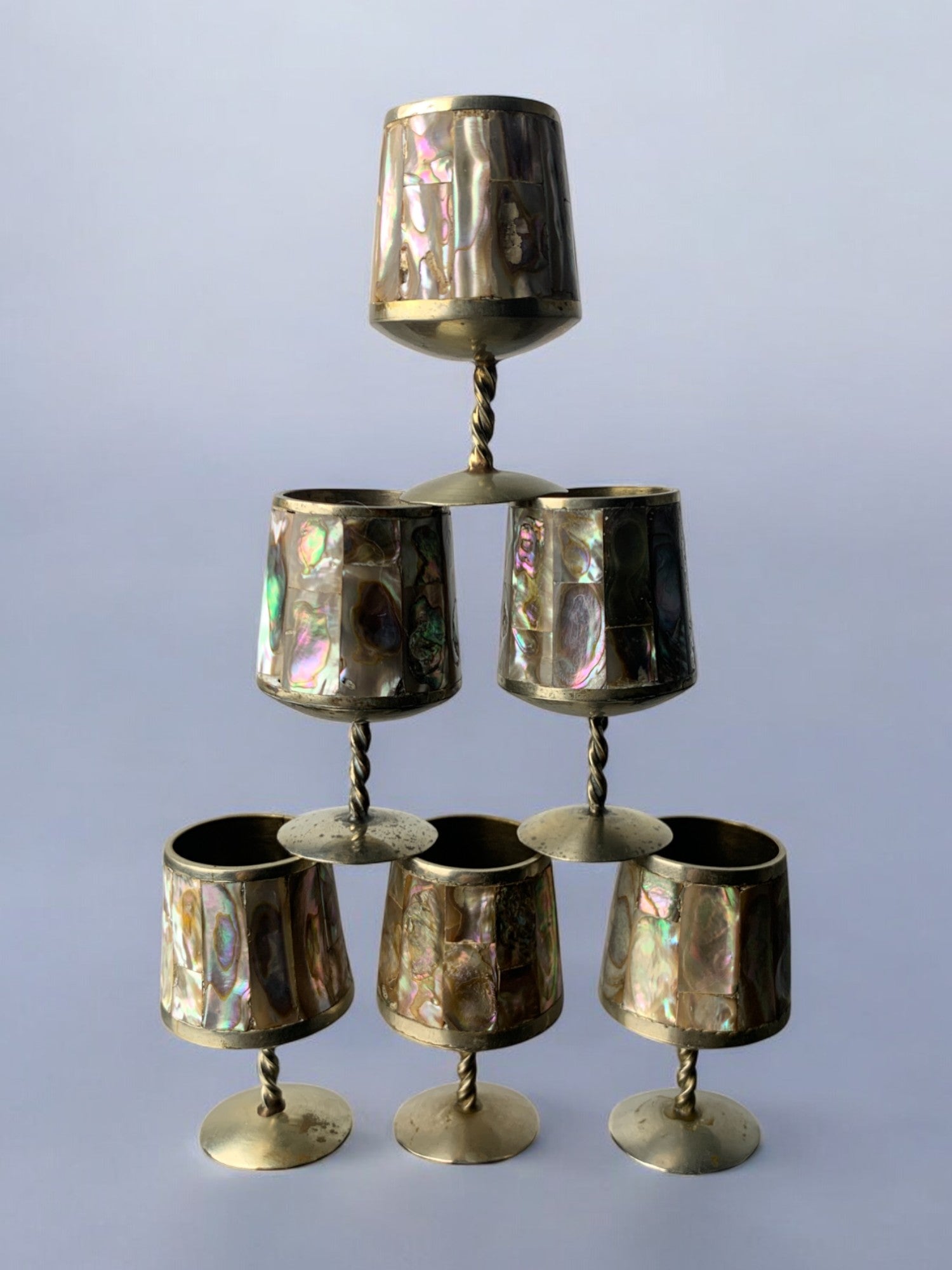 Abalone Shell & Alpaca Shot Glasses, set of 6,  Mexico, circa 1970's