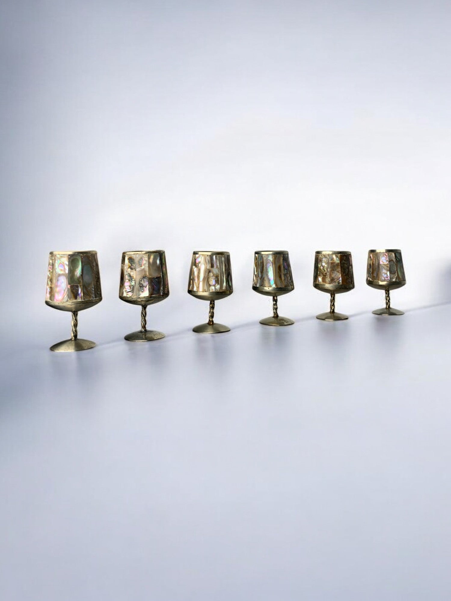 Abalone Shell & Alpaca Shot Glasses, set of 6,  Mexico, circa 1970's
