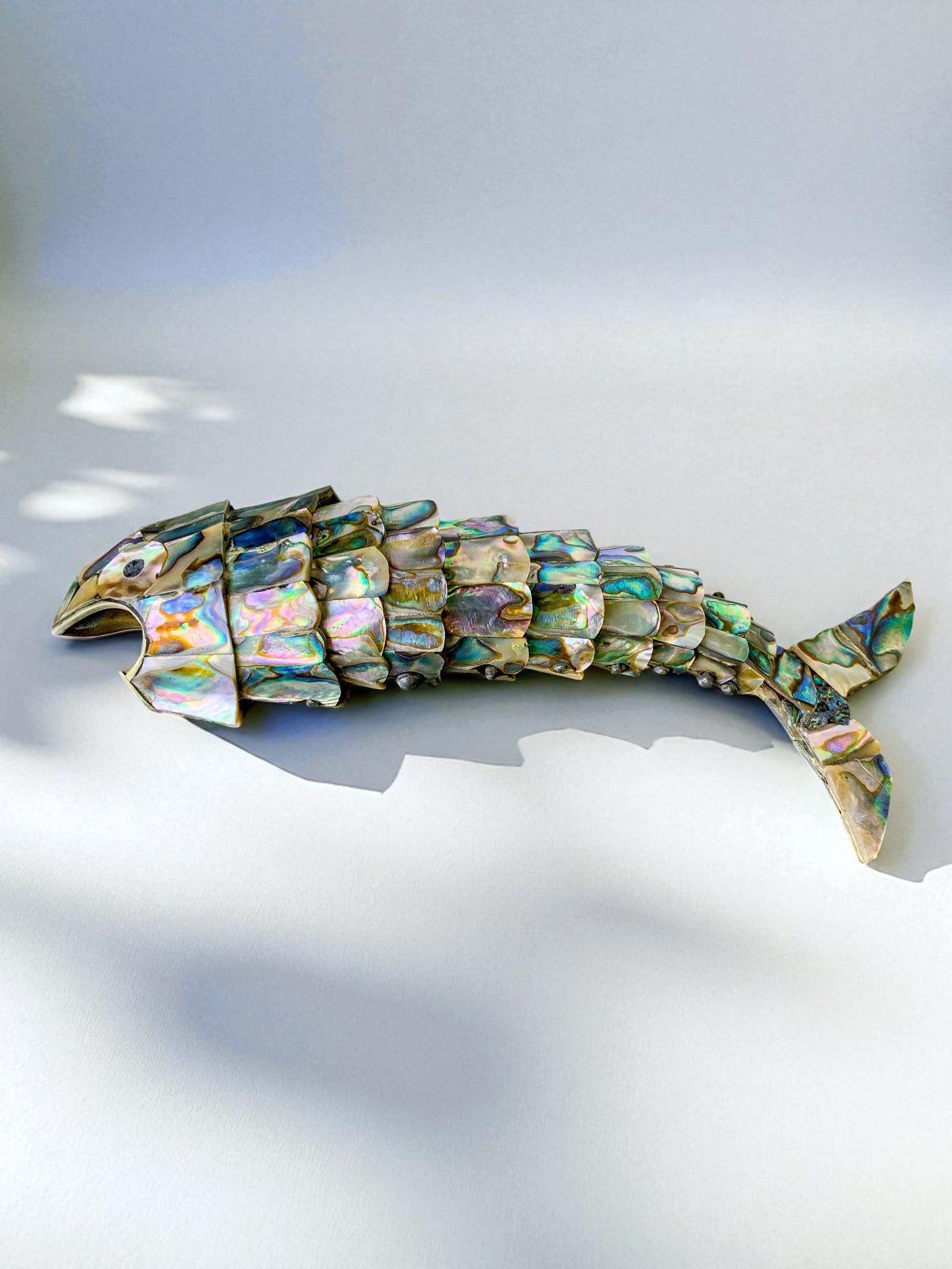 Articulated Abalone shell and Brass Fish Bottle Opener, Mexico, 1980's, 20 cm