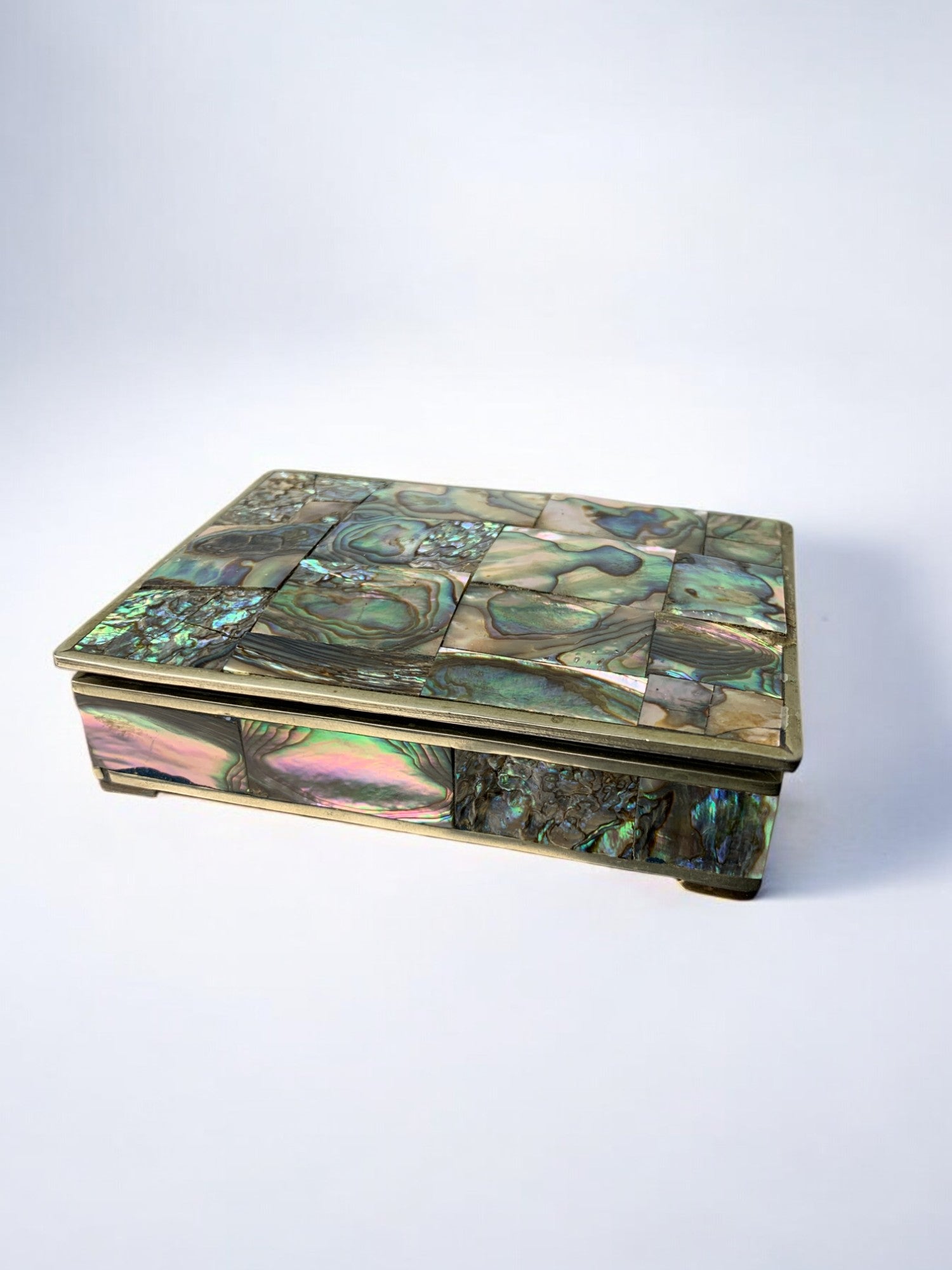 Abalone shell vanity box, Alpaca and wood, Mexico, circa 70's