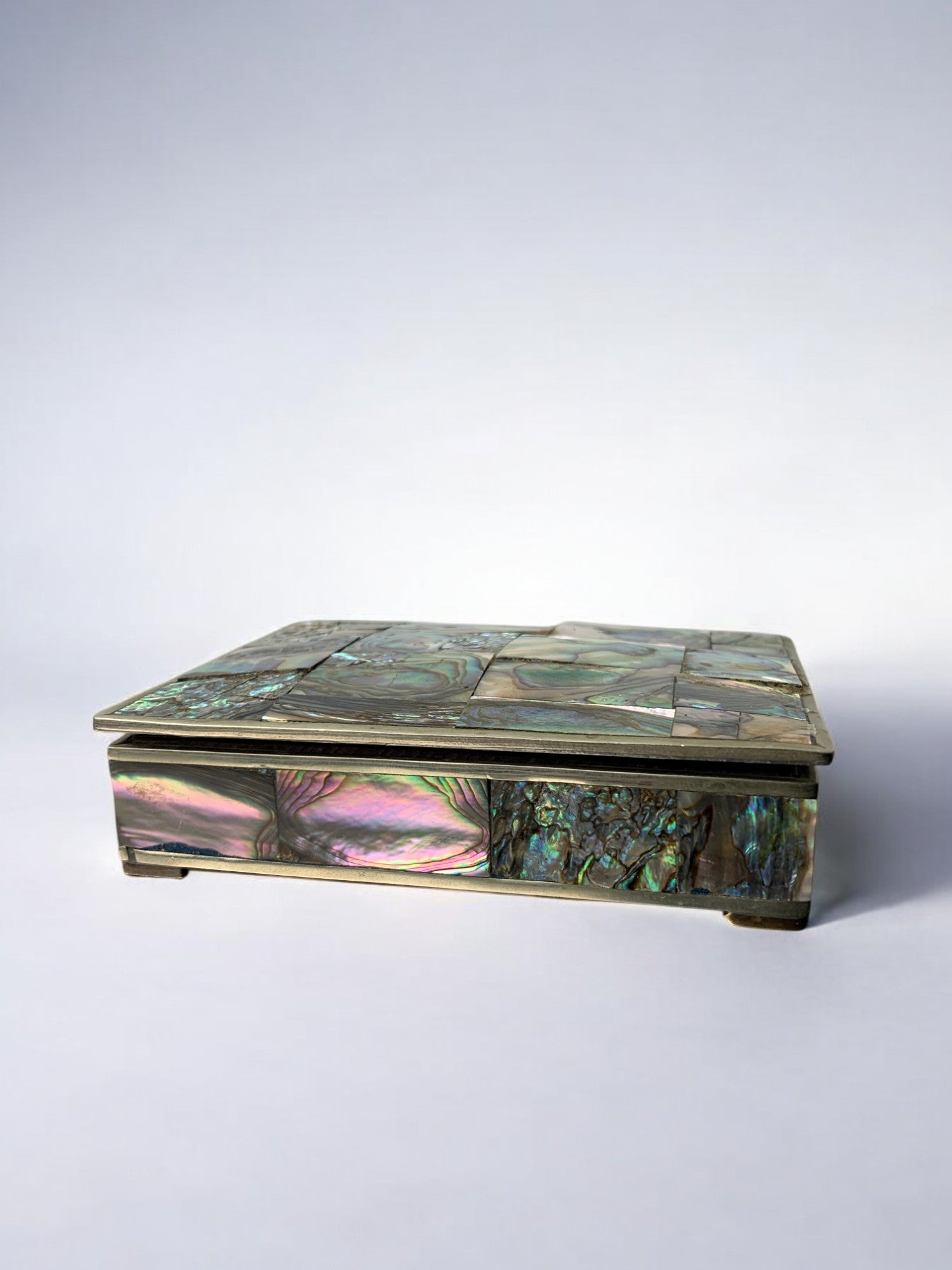 Abalone shell vanity box, Alpaca and wood, Mexico, circa 70's