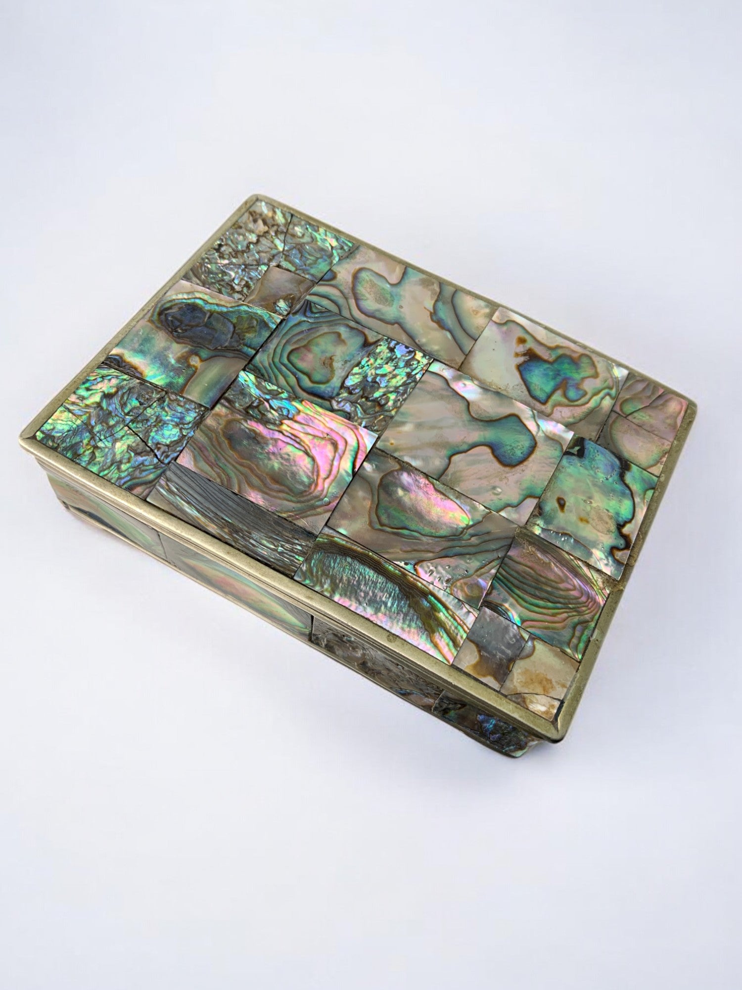 Abalone shell vanity box, Alpaca and wood, Mexico, circa 70's