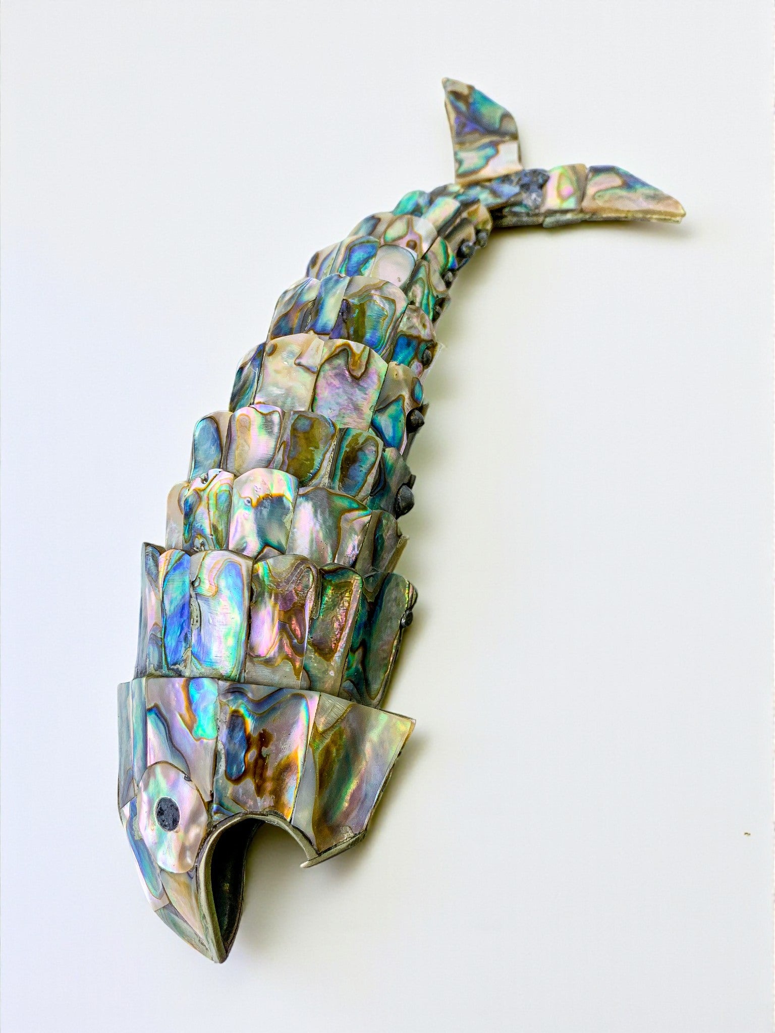 Articulated Abalone shell and Brass Fish Bottle Opener, Mexico, 1980's, 20 cm