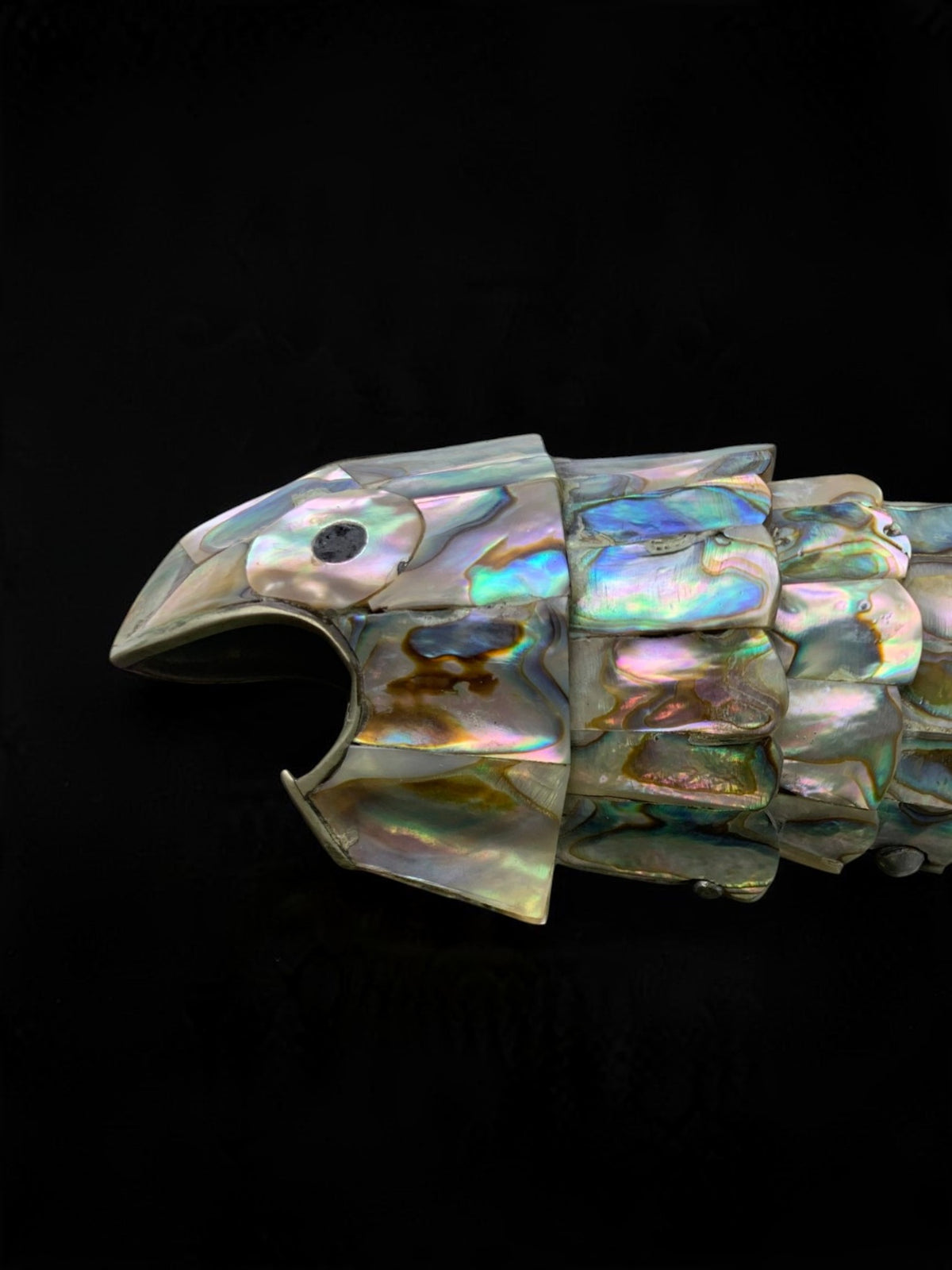 Articulated Abalone shell and Brass Fish Bottle Opener, Mexico, 1980's, 20 cm