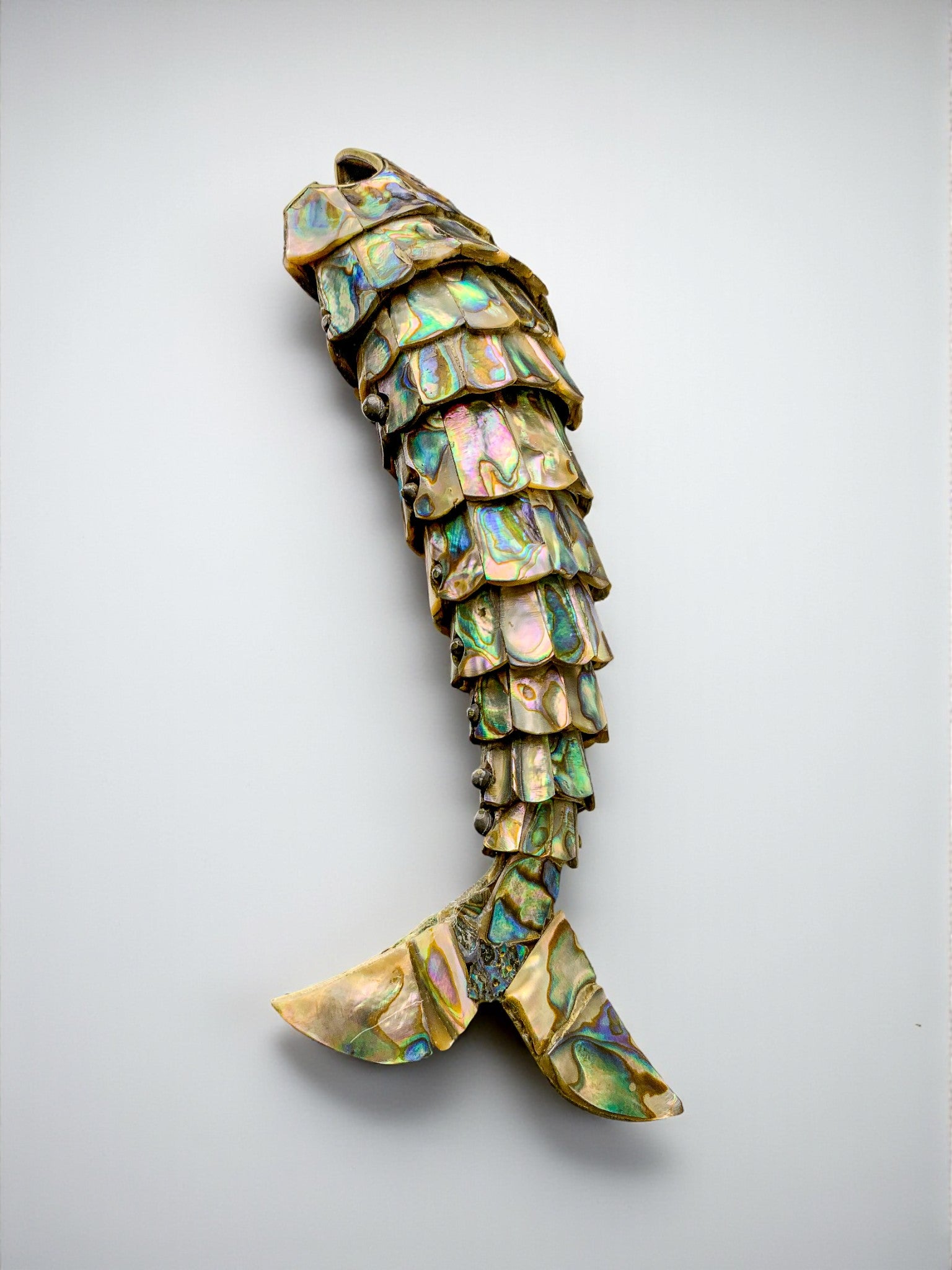 Articulated Abalone shell and Brass Fish Bottle Opener, Mexico, 1980's, 20 cm