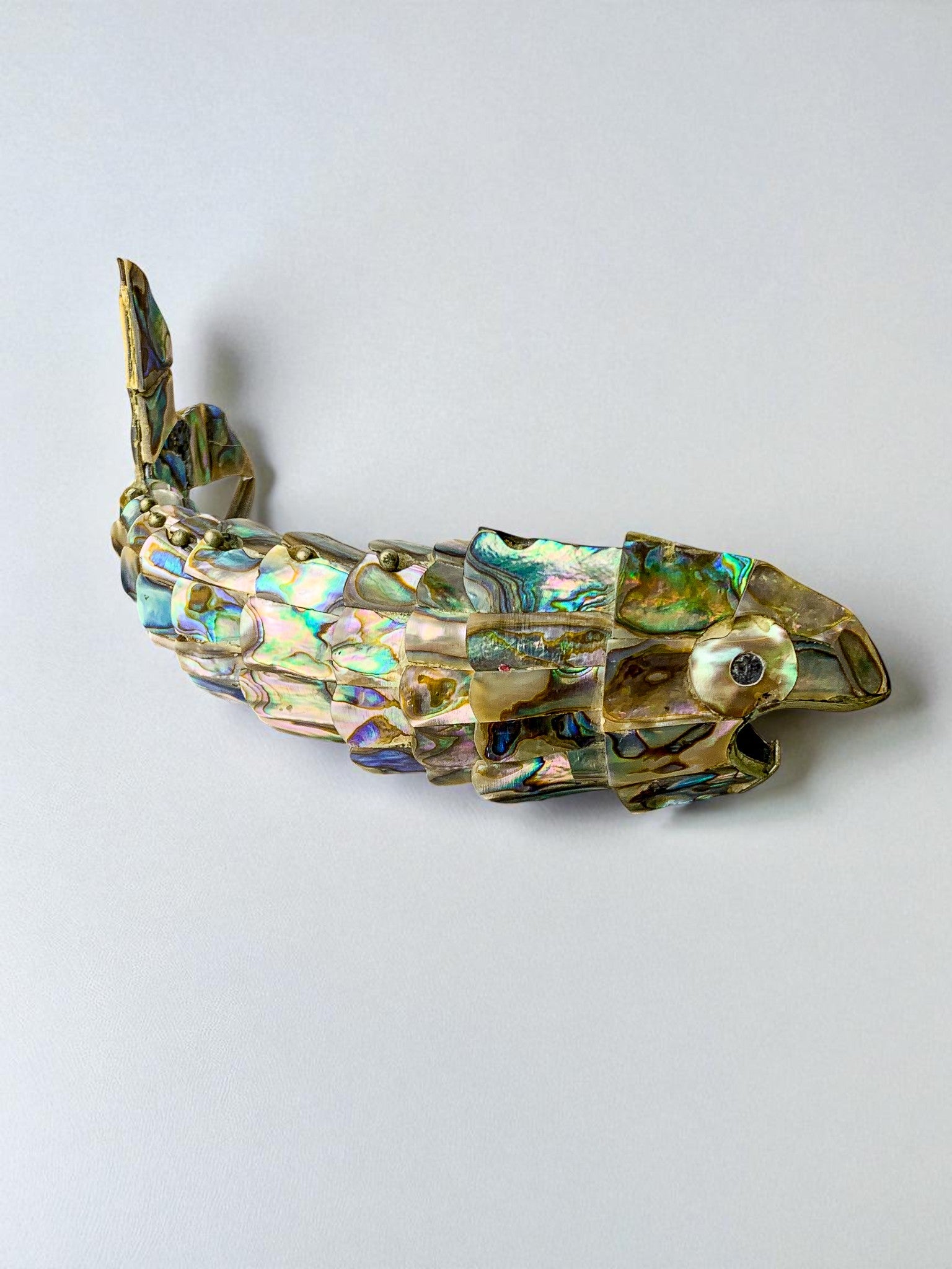Articulated Abalone shell and Brass Fish Bottle Opener, Mexico, 1980's, 20 cm