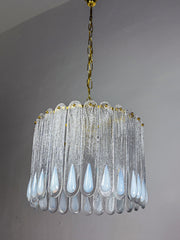 Murano Mazzega Chandelier, Iridescent White Frosted Glass, Italy 1960