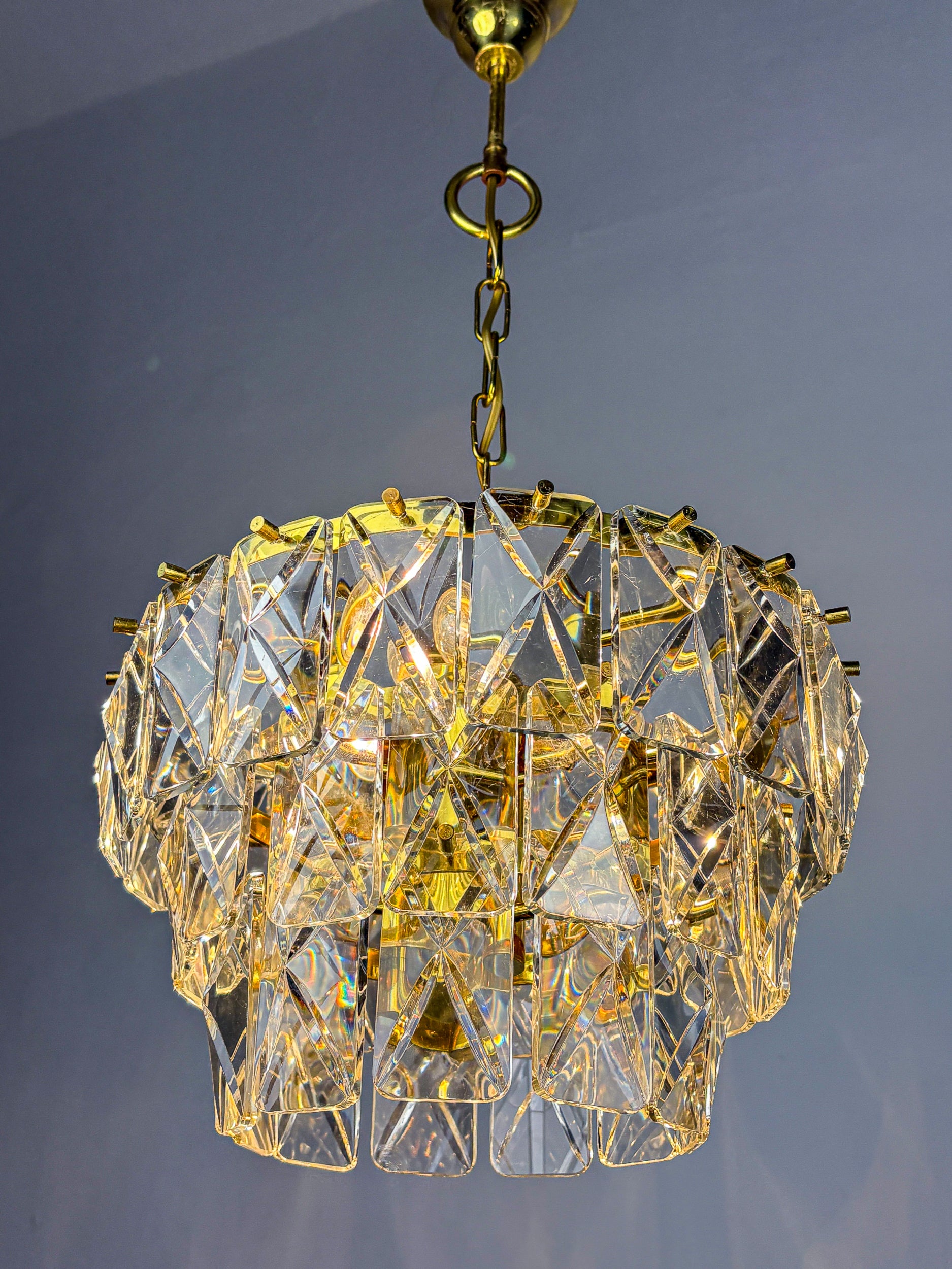 Kinkeldey 3-Tier Cut Crystal Chandelier, Gilt Brass, Germany, 1970