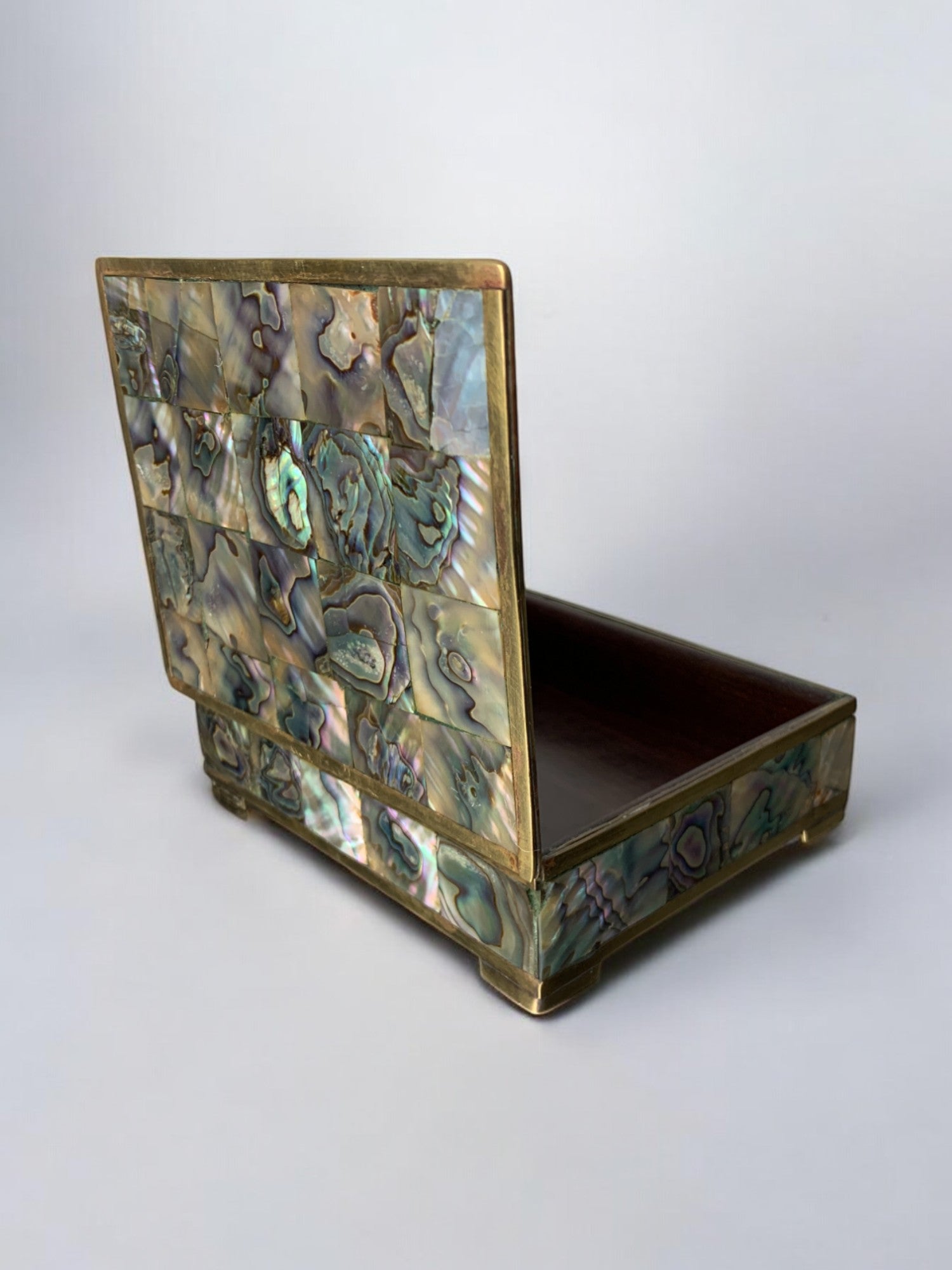 Abalone shell vanity box, Alpaca and wood, Mexico, 1970's