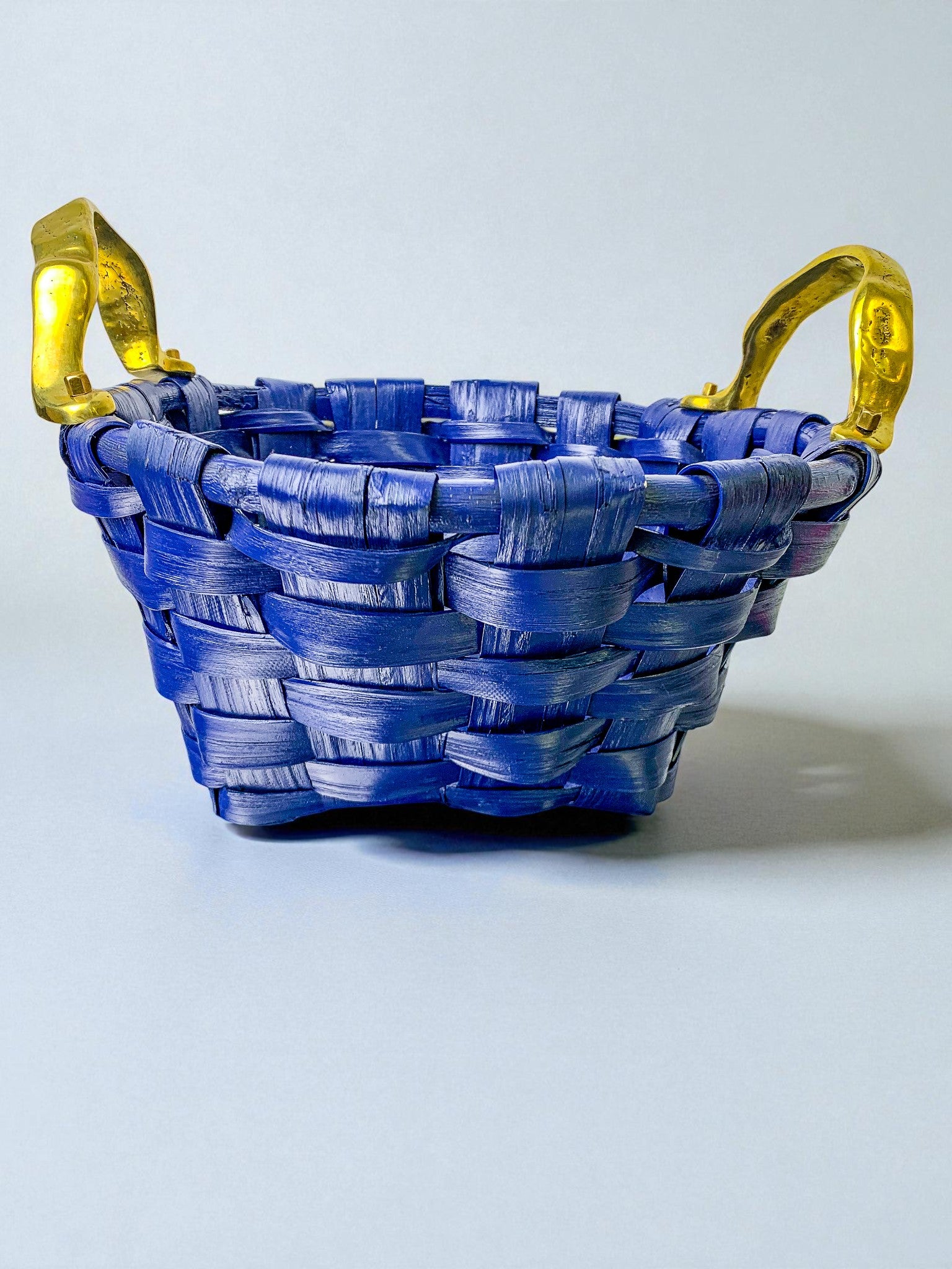 Brutalist large Basket by David Marshall,Cobalt blue rattan & bronze handle, 1980's