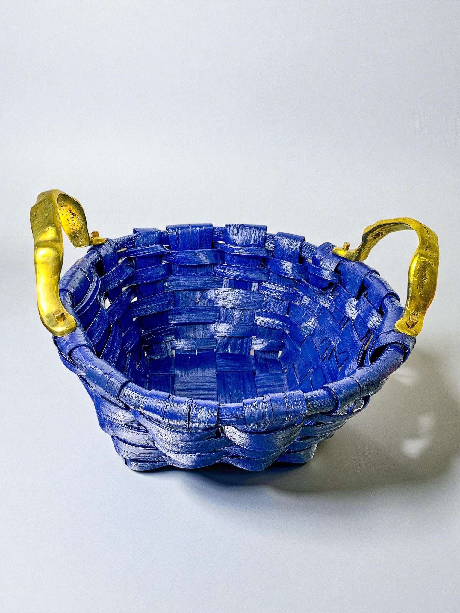 Brutalist large Basket by David Marshall,Cobalt blue rattan & bronze handle, 1980's