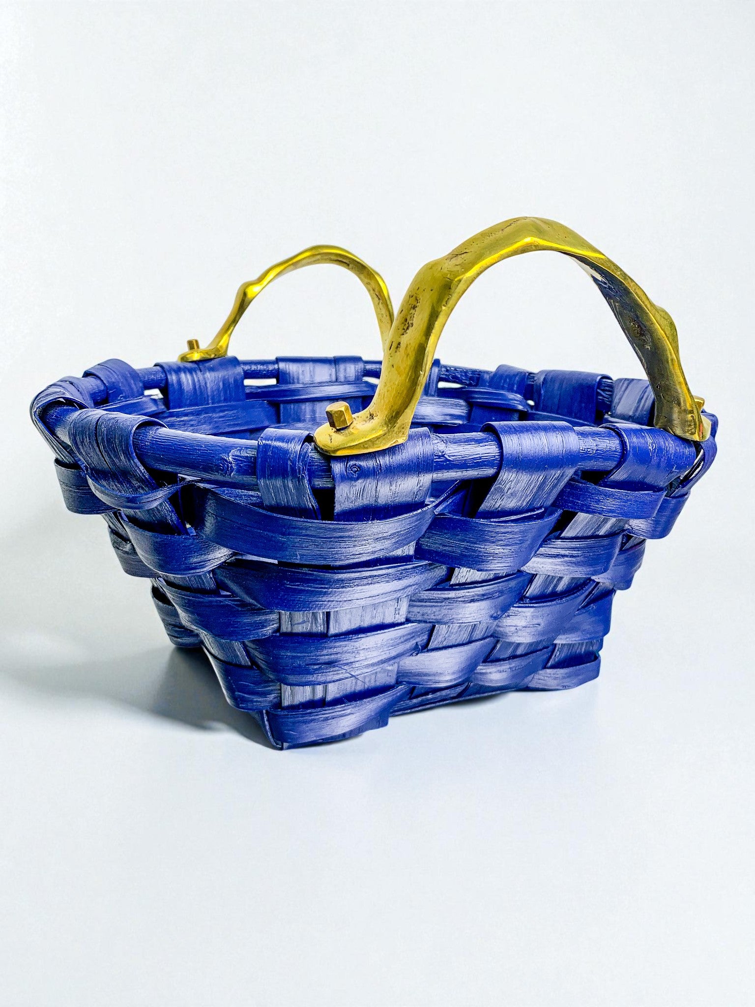 Brutalist large Basket by David Marshall,Cobalt blue rattan & bronze handle, 1980's