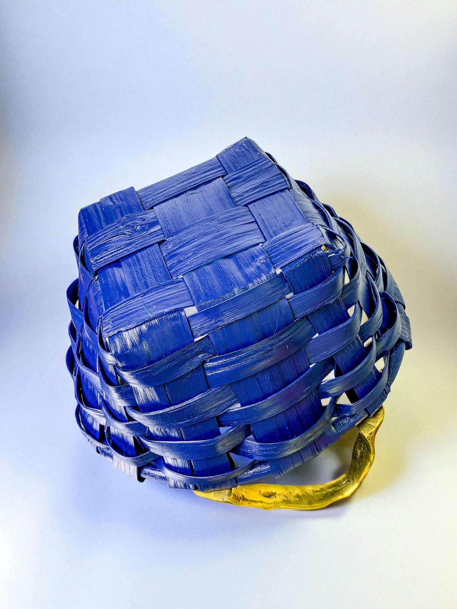 Brutalist large Basket by David Marshall,Cobalt blue rattan & bronze handle, 1980's