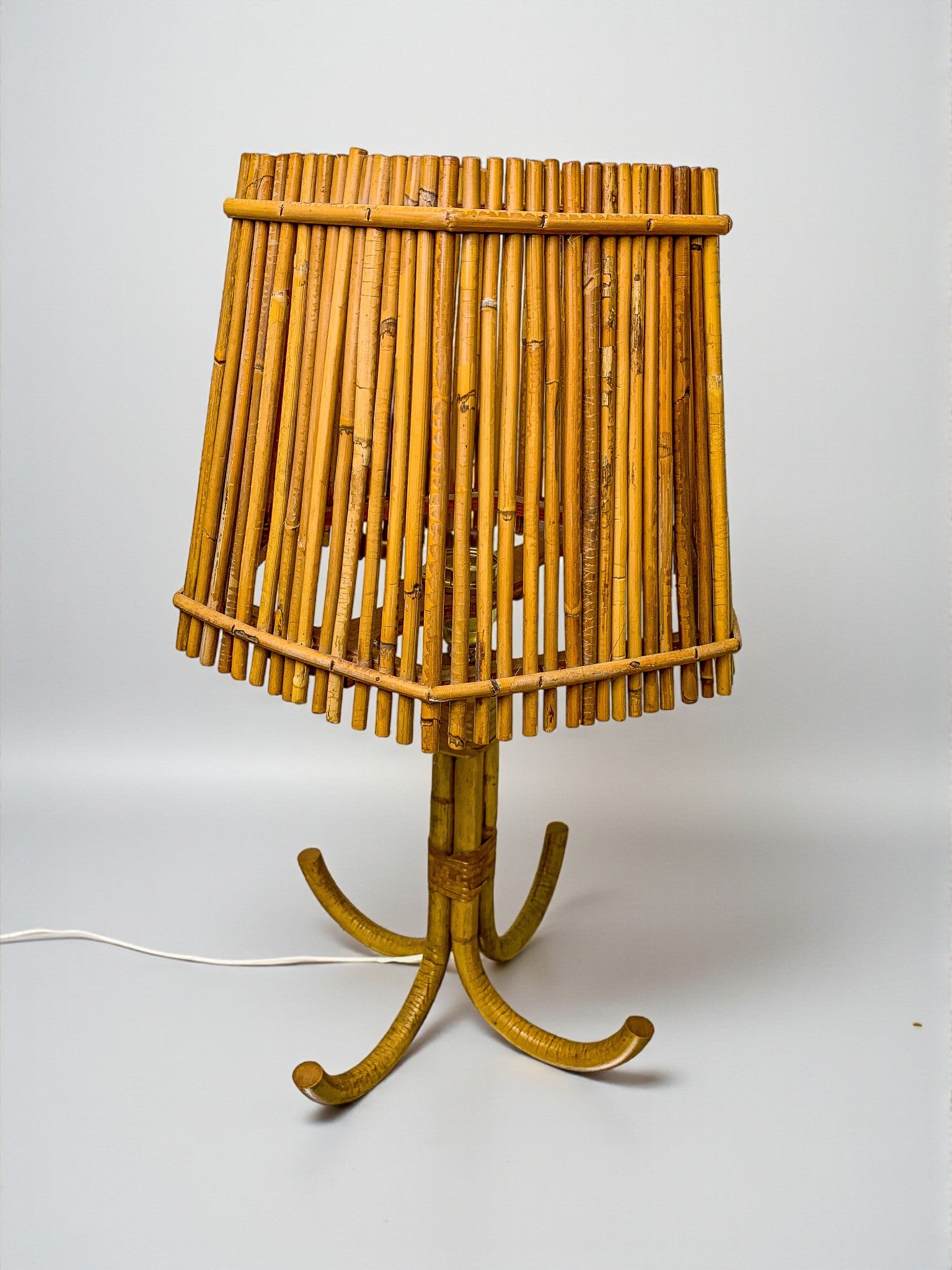 Large Louis Sognot French Bamboo & Rattan Table Lamp, France, 1960s
