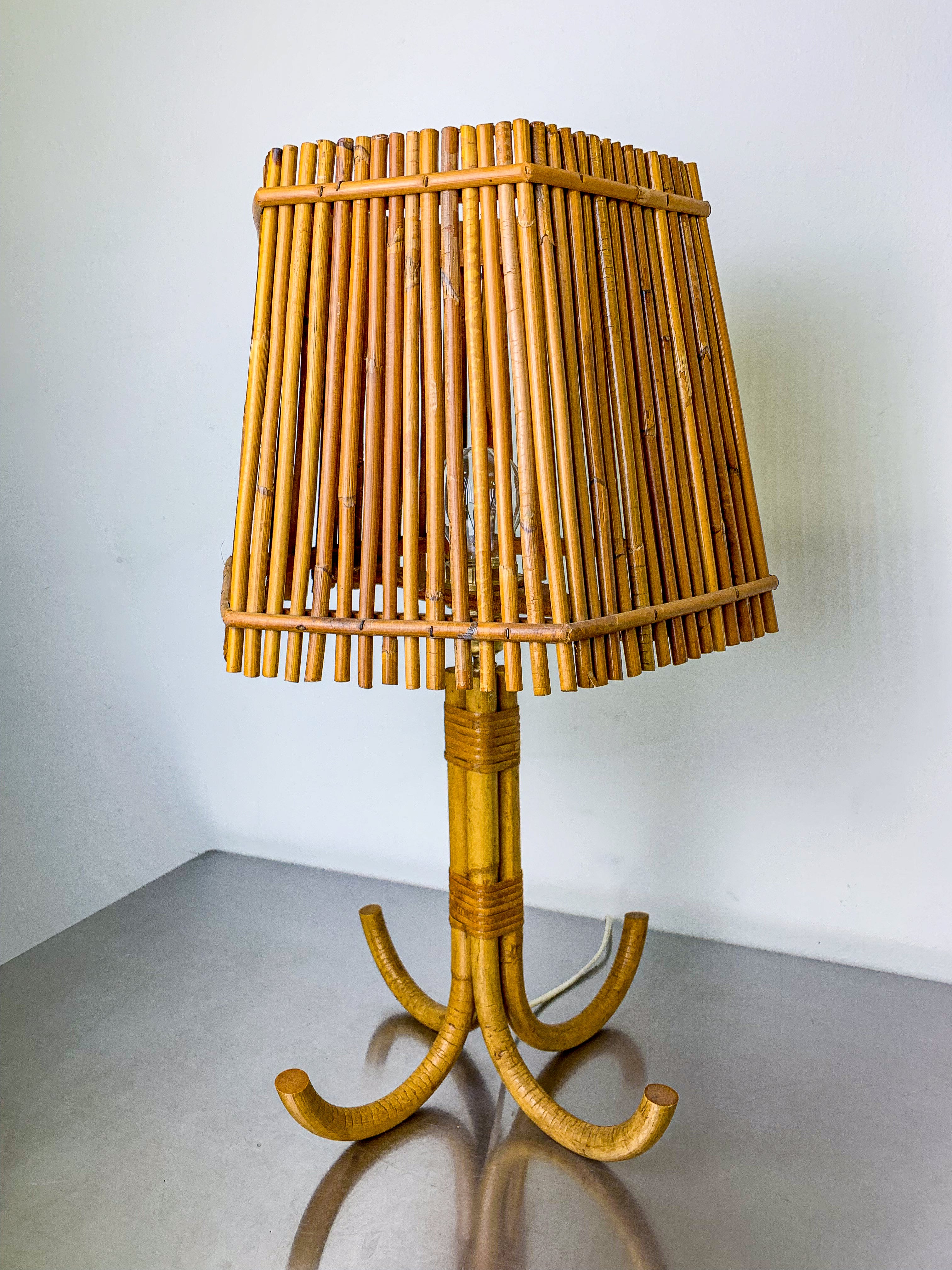 Large Louis Sognot French Bamboo & Rattan Table Lamp, France, 1960s