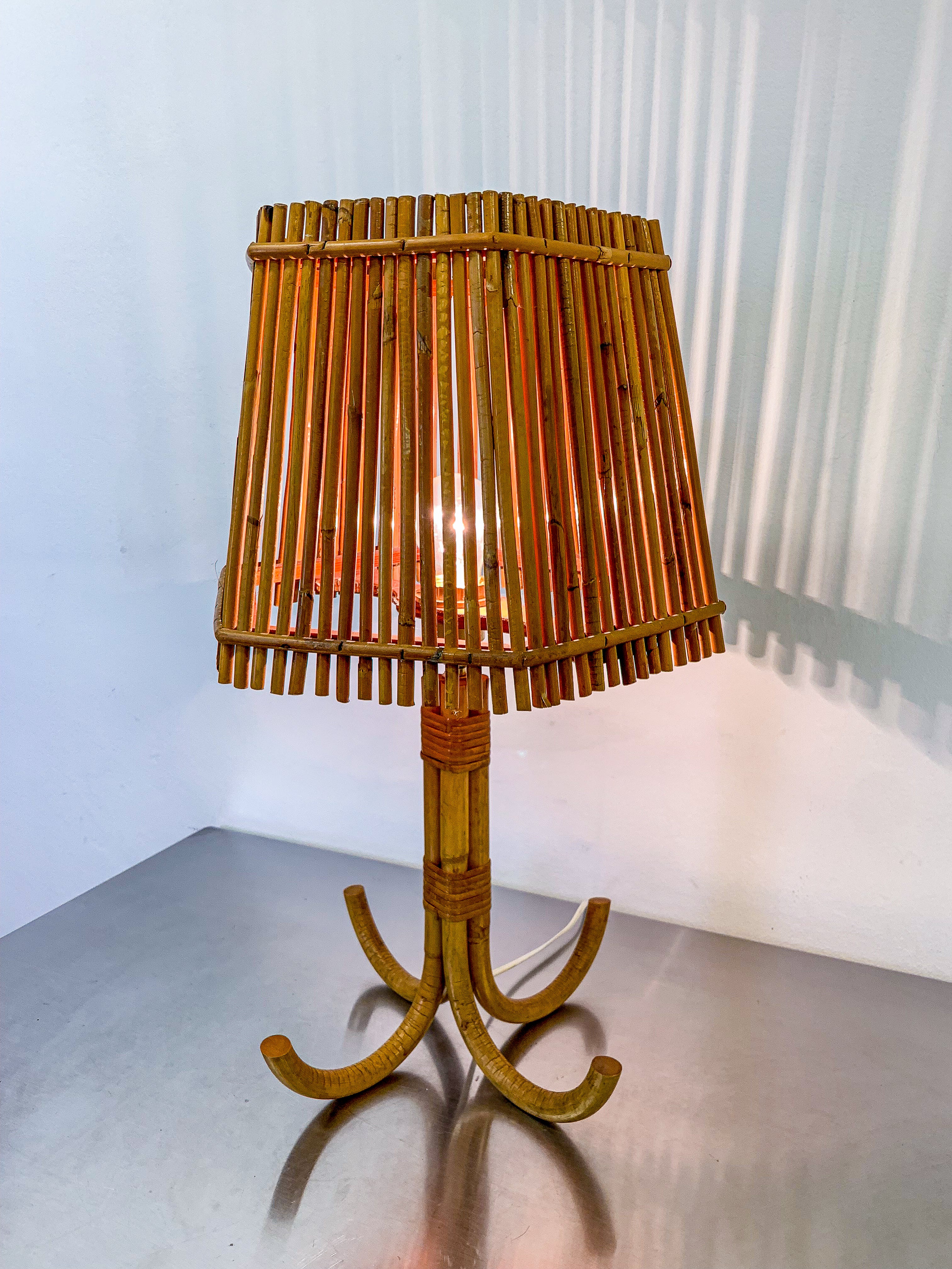 Large Louis Sognot French Bamboo & Rattan Table Lamp, France, 1960s