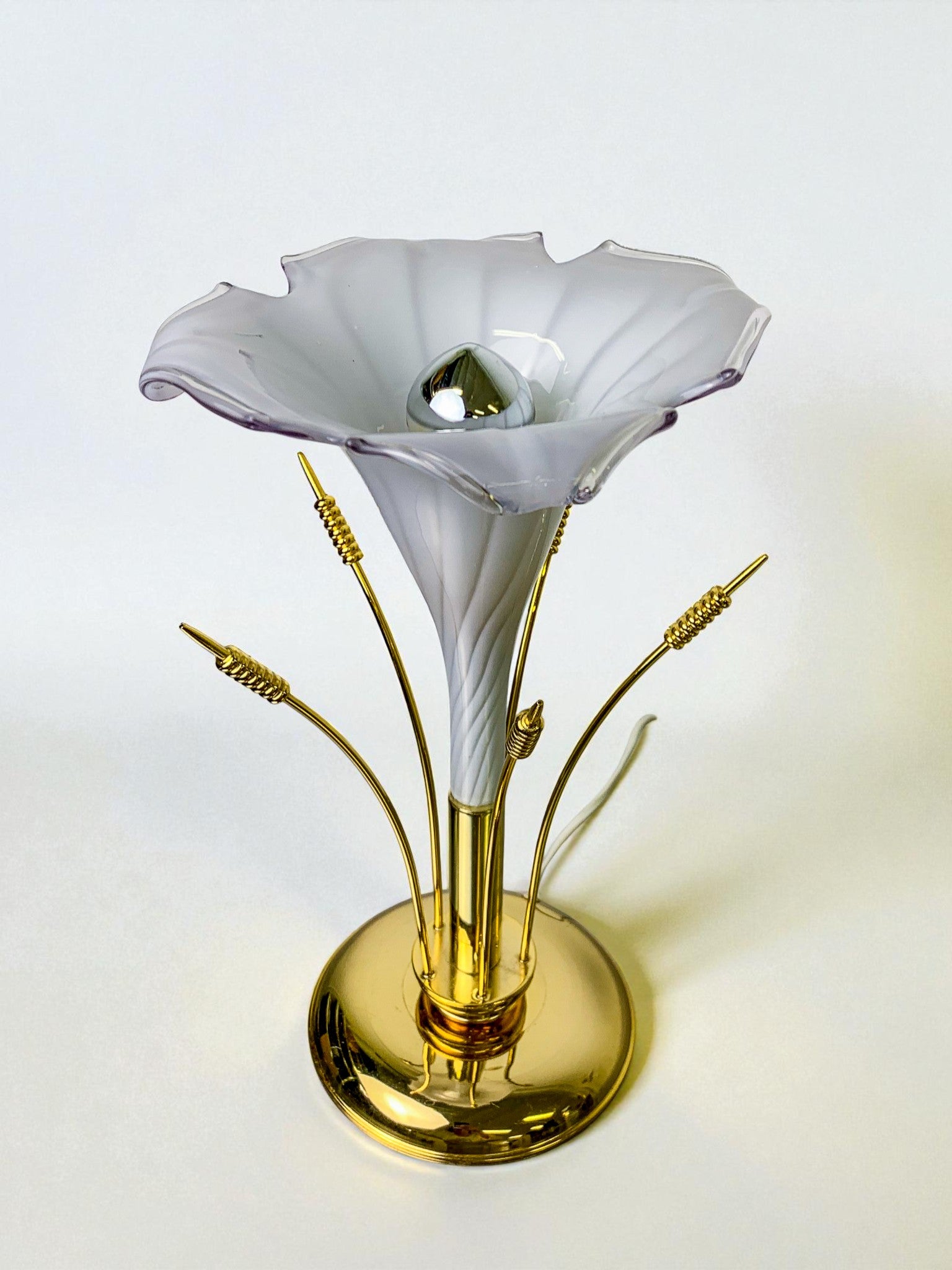 Italian White Calla Lily flower table lamp, murano glass, Circa 1970