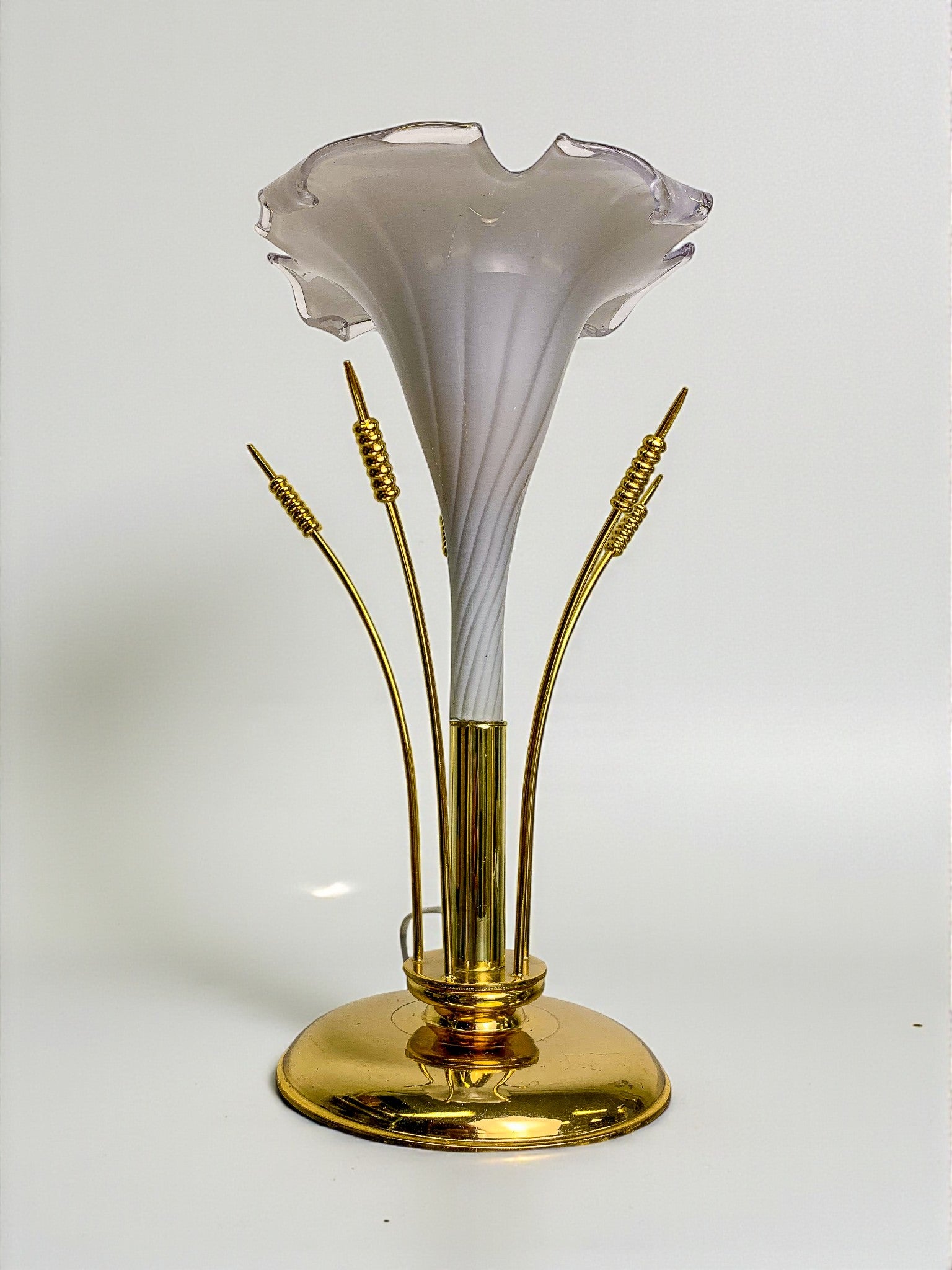 Italian White Calla Lily flower table lamp, murano glass, Circa 1970