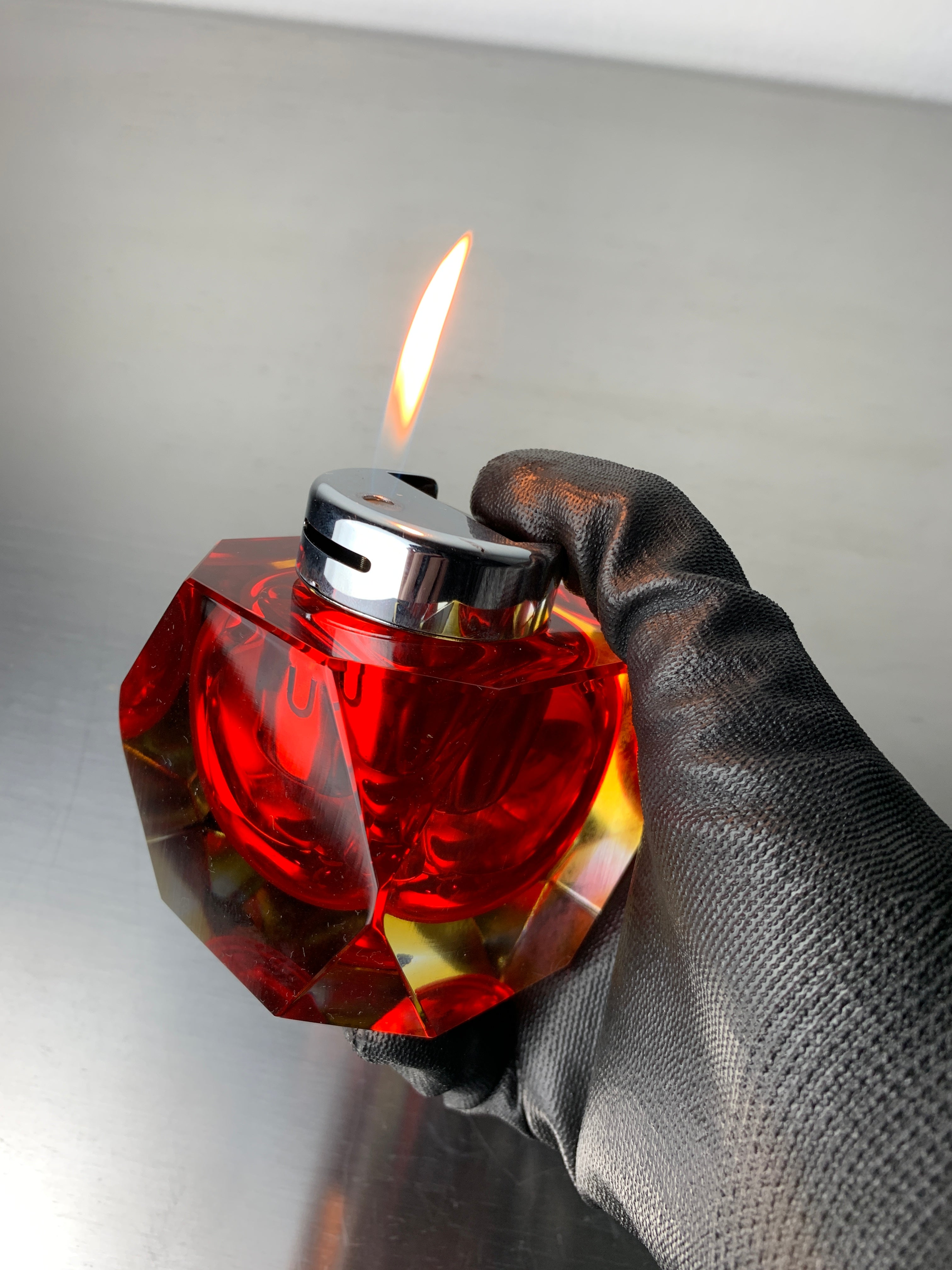 Sommerso faceted Lighter by Seguso, Red & Yellow Murano Glass, Italy, 1970's