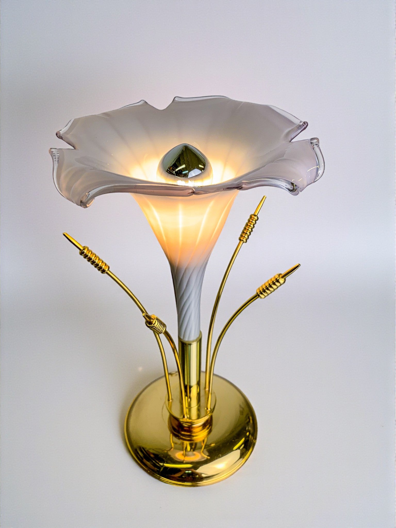 Italian White Calla Lily flower table lamp, murano glass, Circa 1970