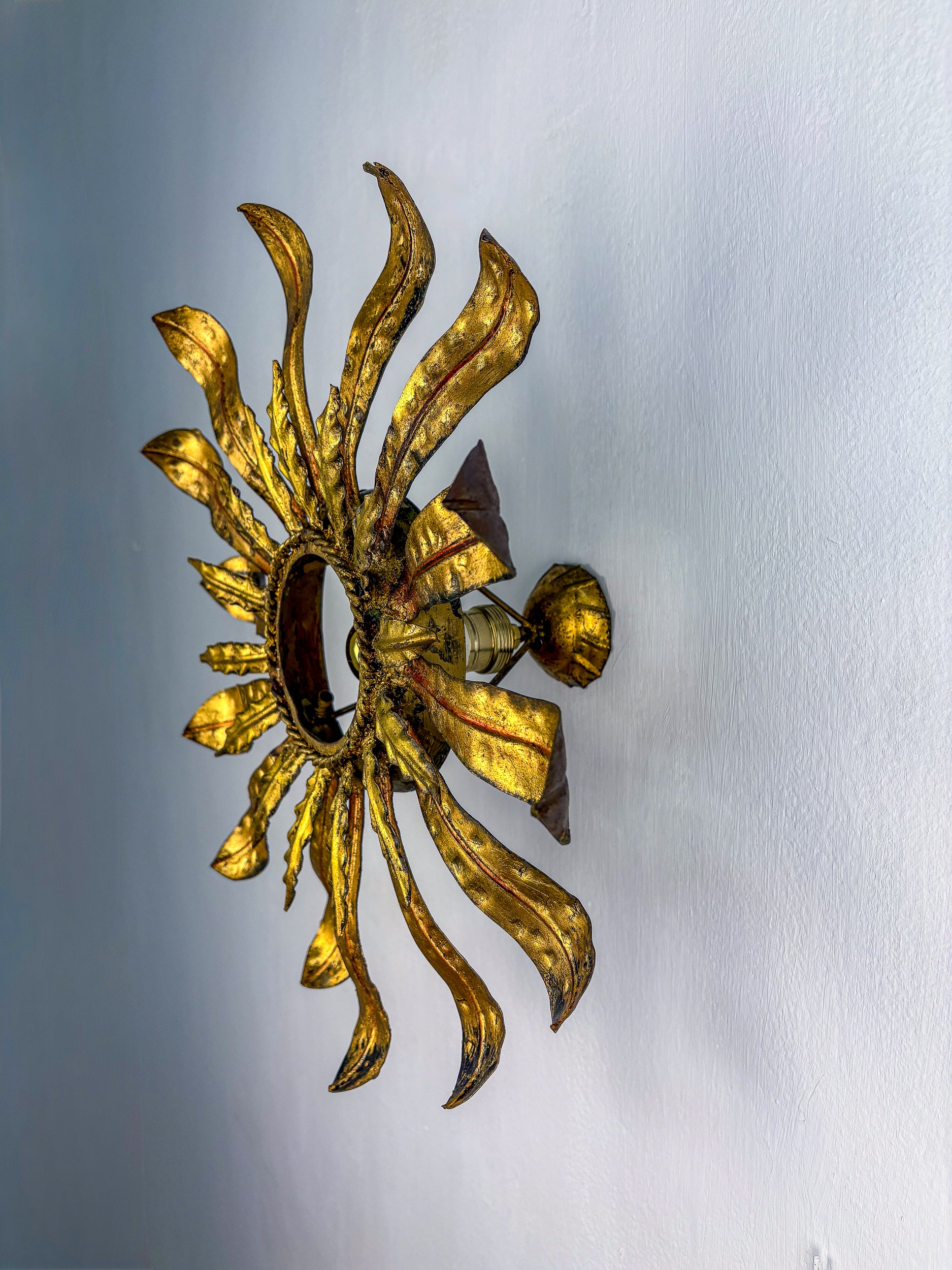 Large Spanish Sunburst Flower Leafed Light Fixture in Gilt Metal, 1960's