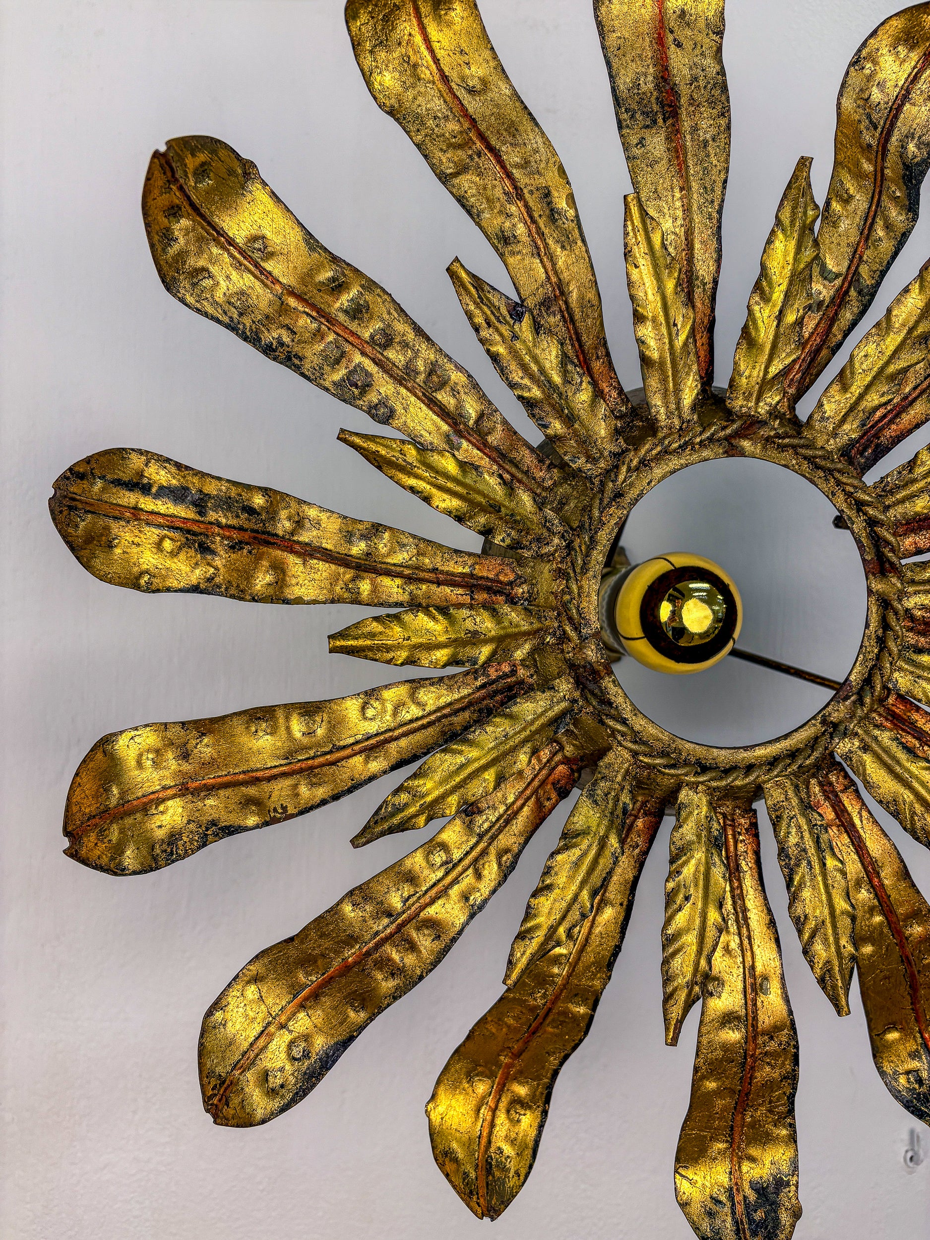 Large Spanish Sunburst Flower Leafed Light Fixture in Gilt Metal, 1960's