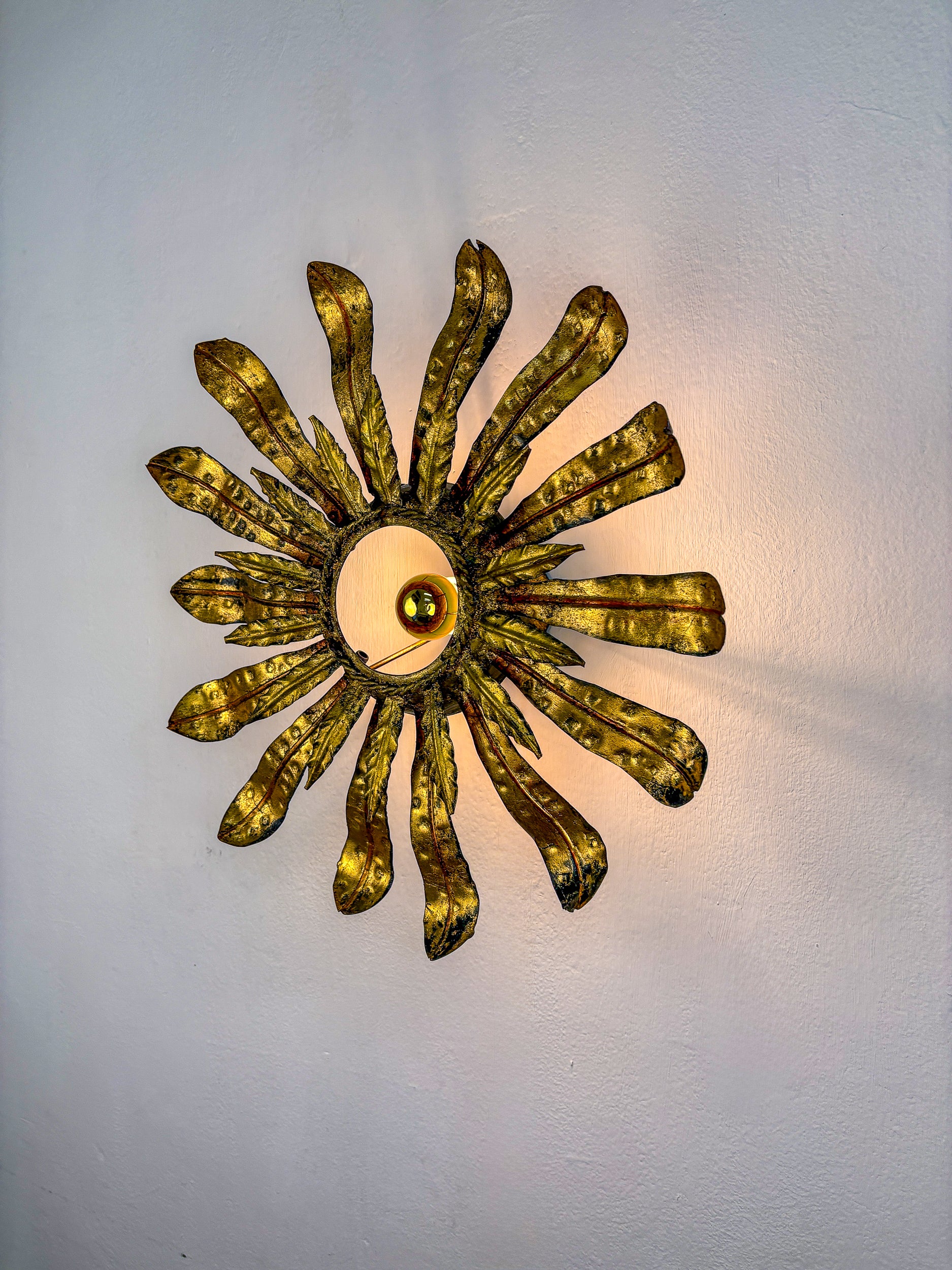 Large Spanish Sunburst Flower Leafed Light Fixture in Gilt Metal, 1960's