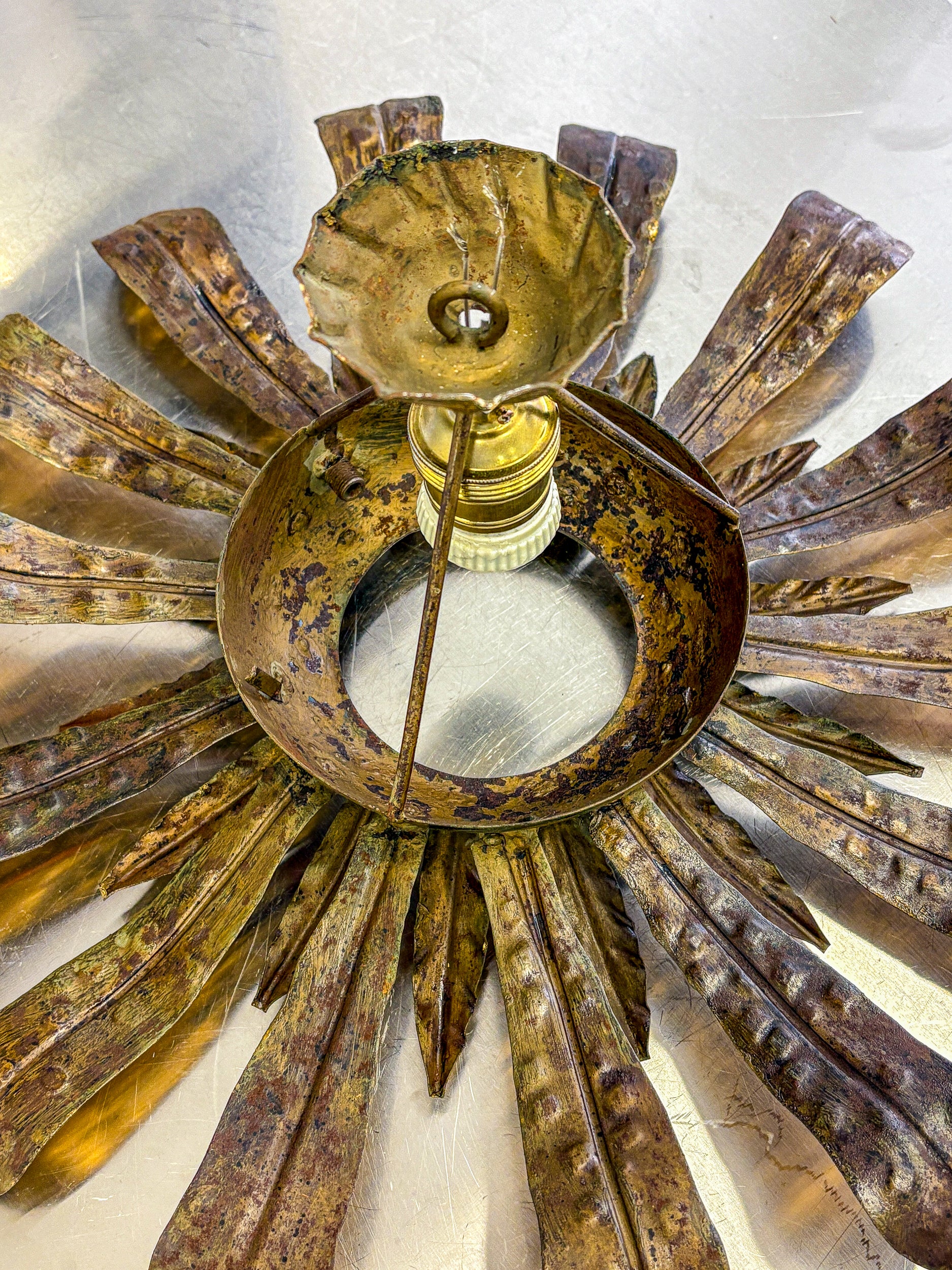 Large Spanish Sunburst Flower Leafed Light Fixture in Gilt Metal, 1960's