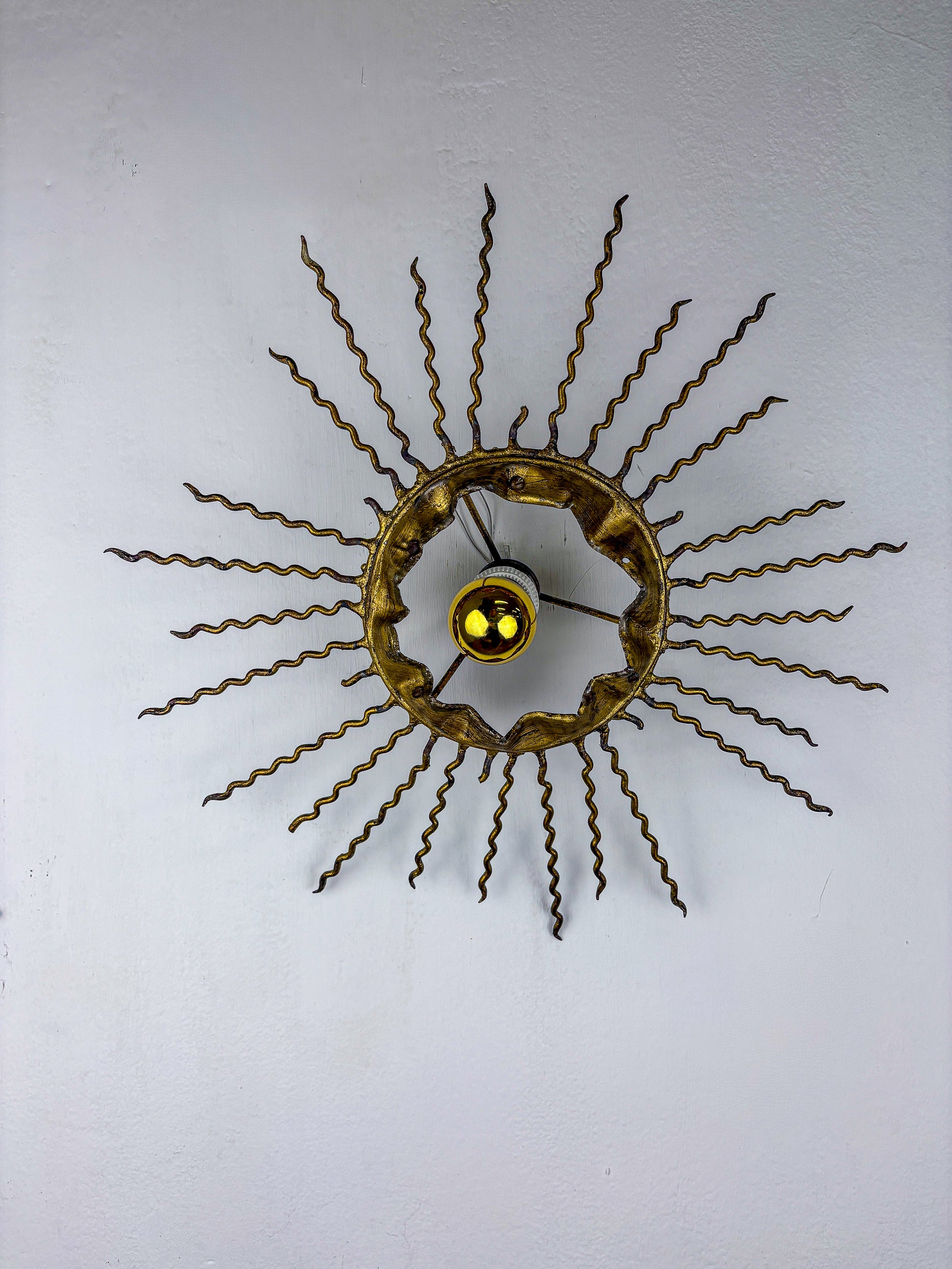 Spanish Sunburst Ceiling Light – Gilt Iron Rays & Exposed Bulb, 1960s