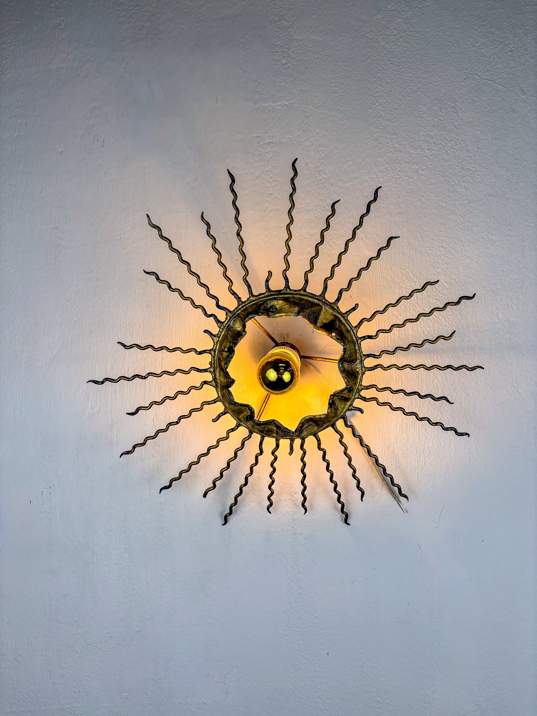 Spanish Sunburst Ceiling Light – Gilt Iron Rays & Exposed Bulb, 1960s
