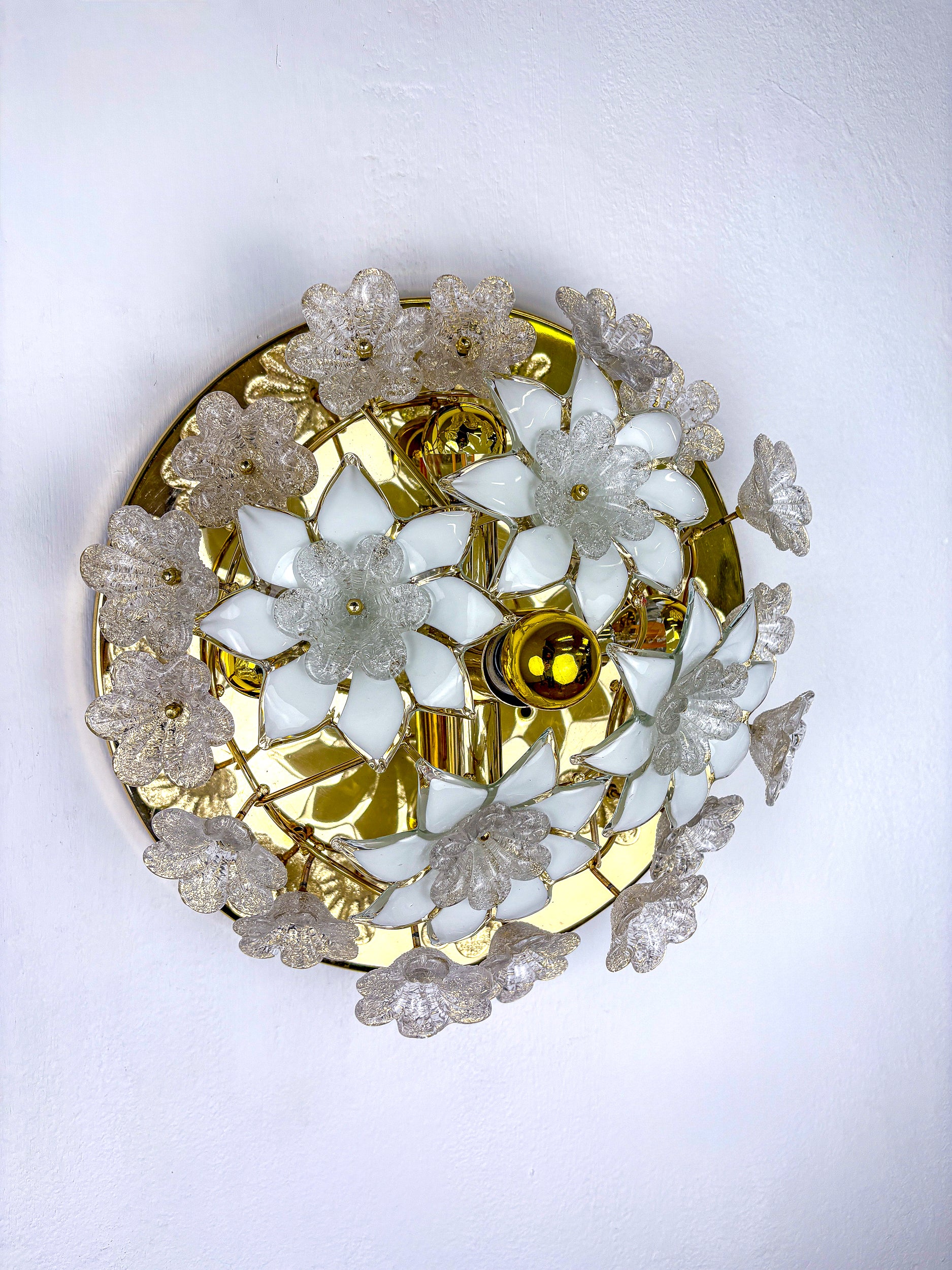 Large Italian Murano Glass White Frosted Flowers Ceiling Flush Mount, 1970s