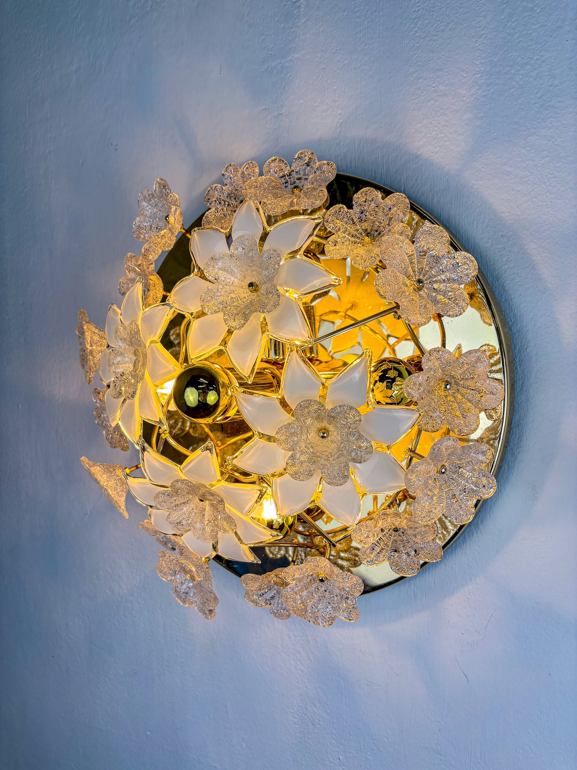 Large Italian Murano Glass White Frosted Flowers Ceiling Flush Mount, 1970s