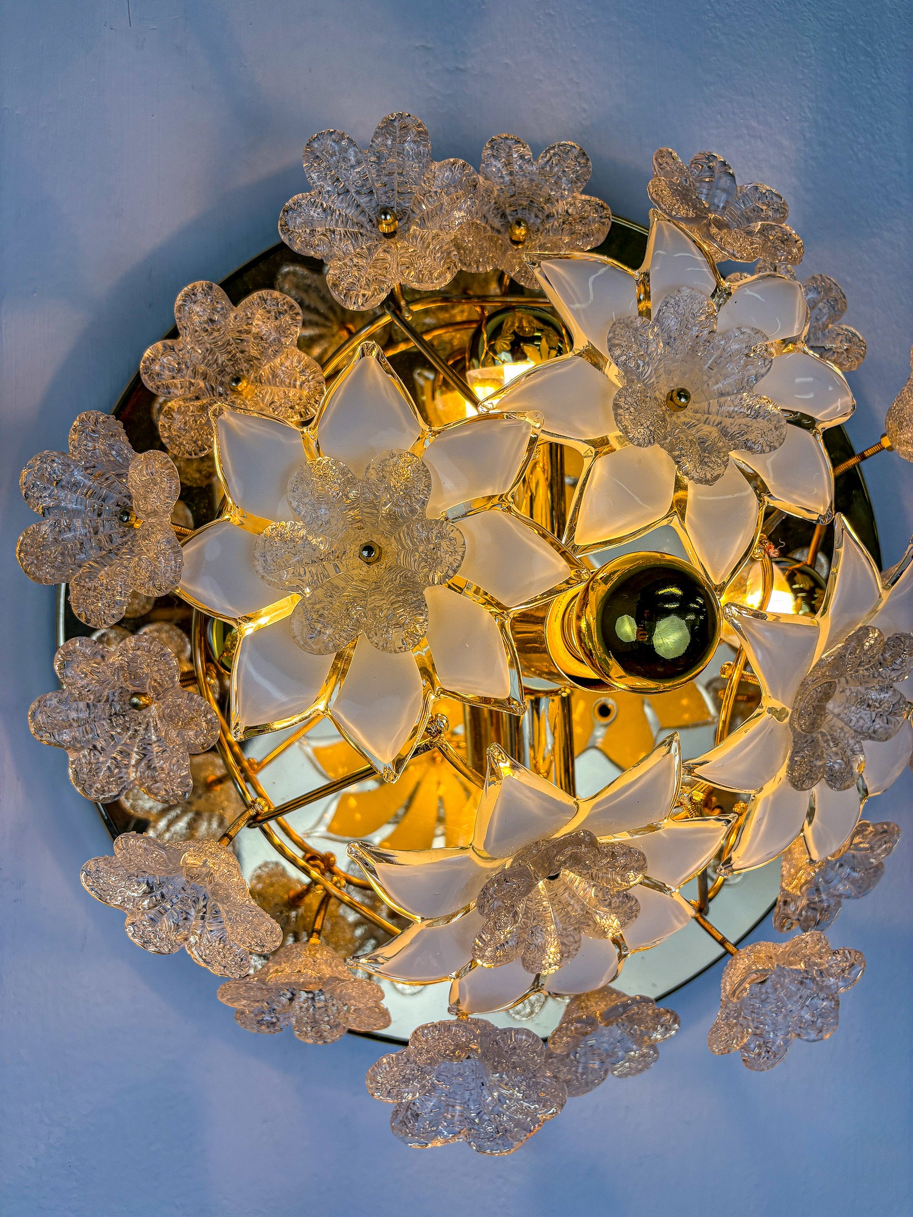 Large Italian Murano Glass White Frosted Flowers Ceiling Flush Mount, 1970s