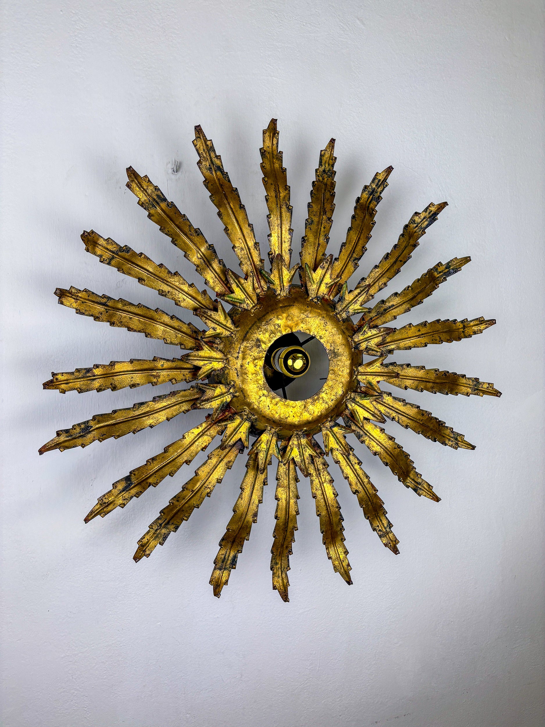 Large French Sunburst Flower Leafed Light Fixture in Gilt Metal, 1960's