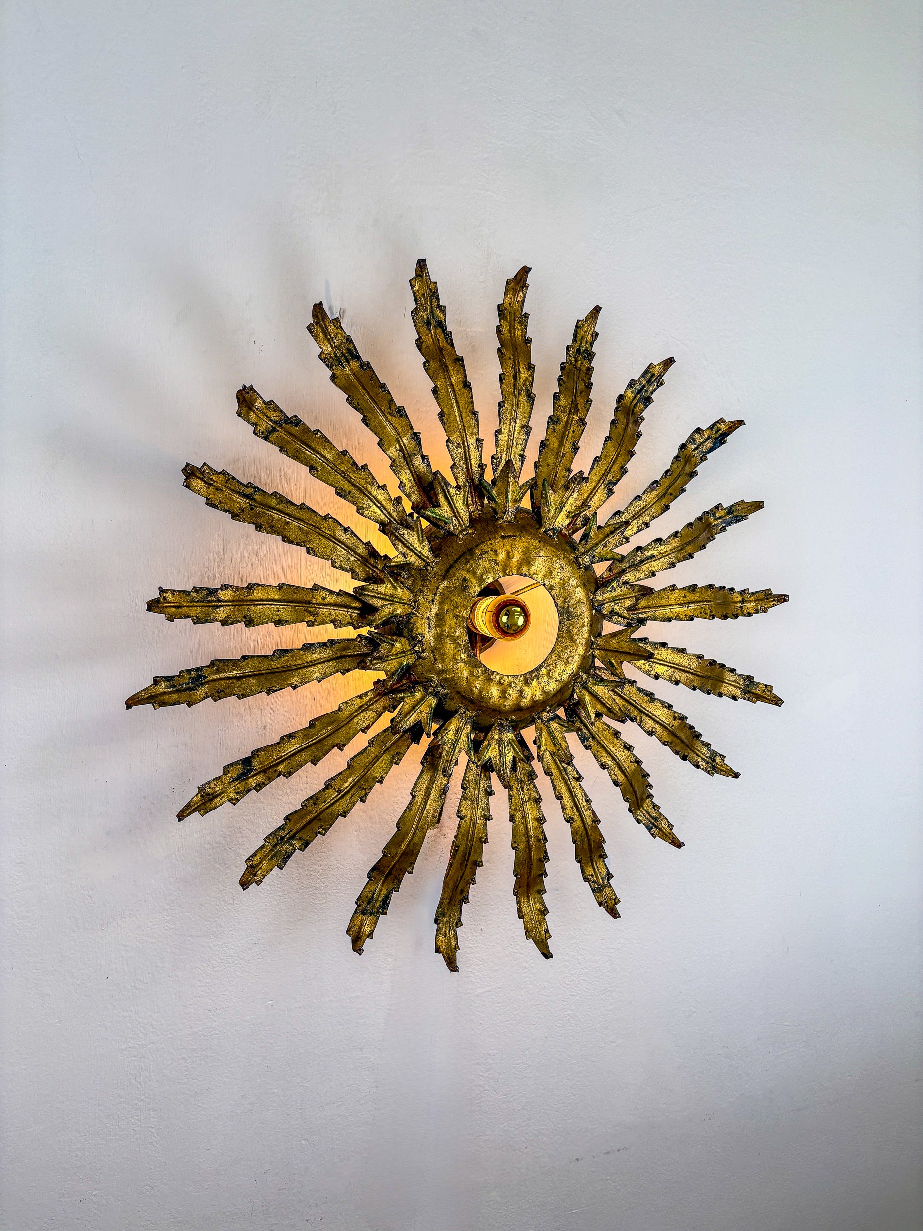 Large French Sunburst Flower Leafed Light Fixture in Gilt Metal, 1960's