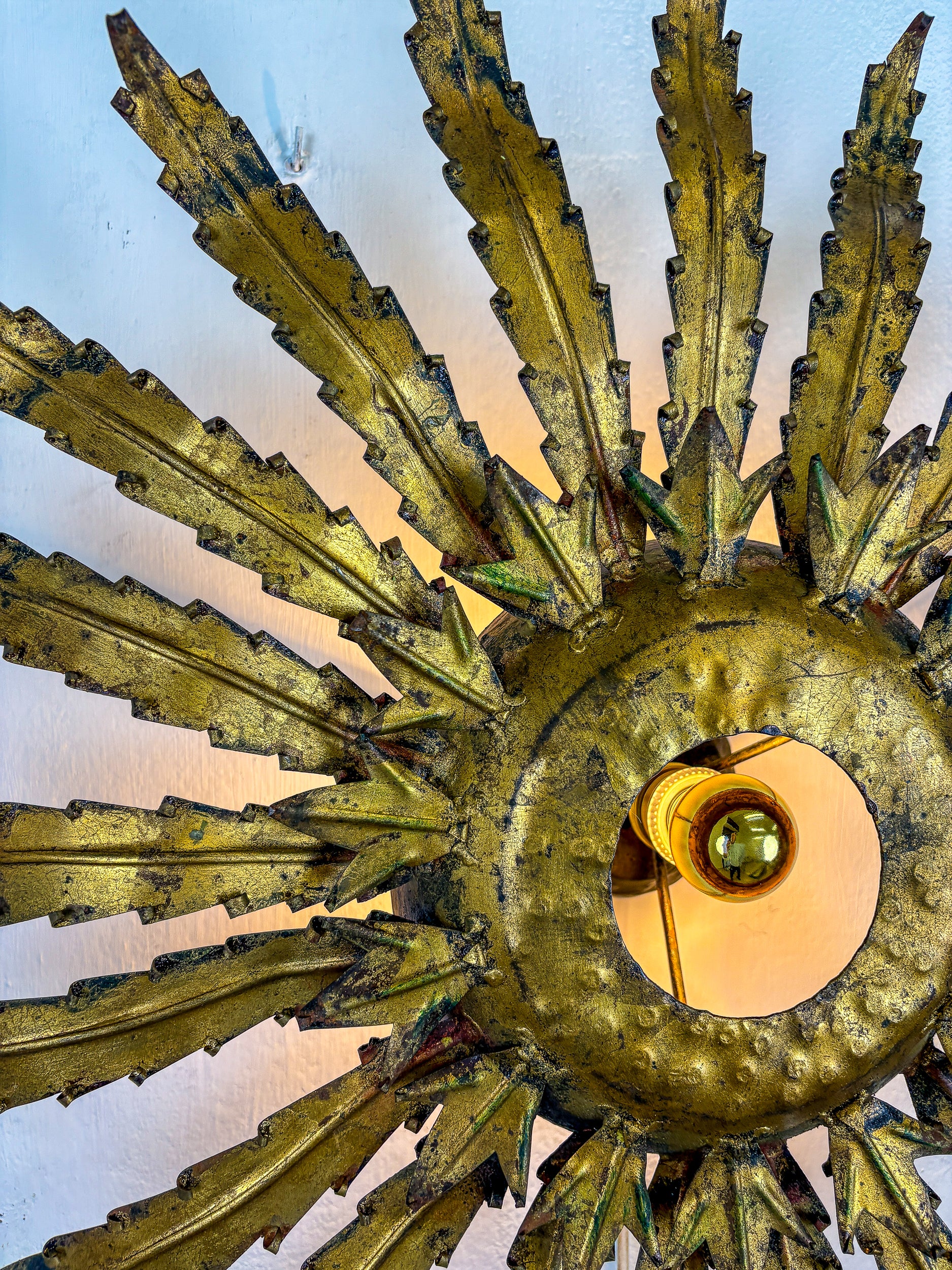 Large French Sunburst Flower Leafed Light Fixture in Gilt Metal, 1960's