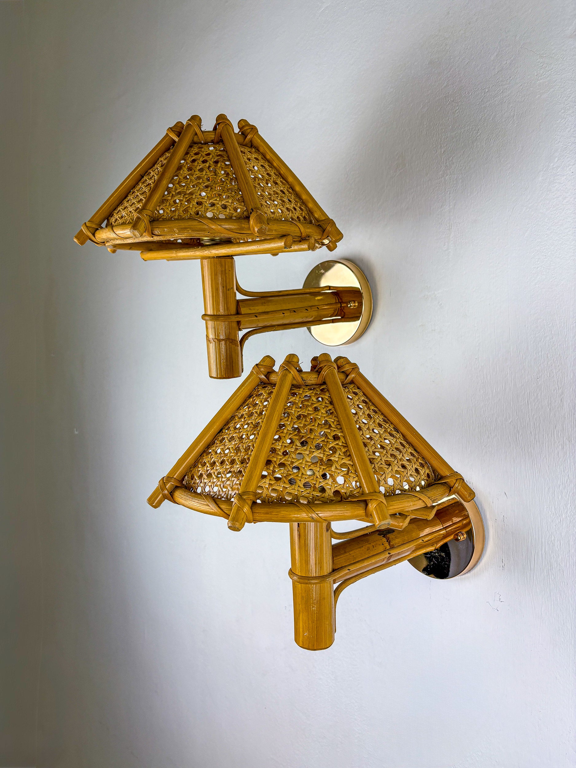 Pair of Rattan Bamboo Wall Lights with Woven Wicker Shades, Italy, 1960's