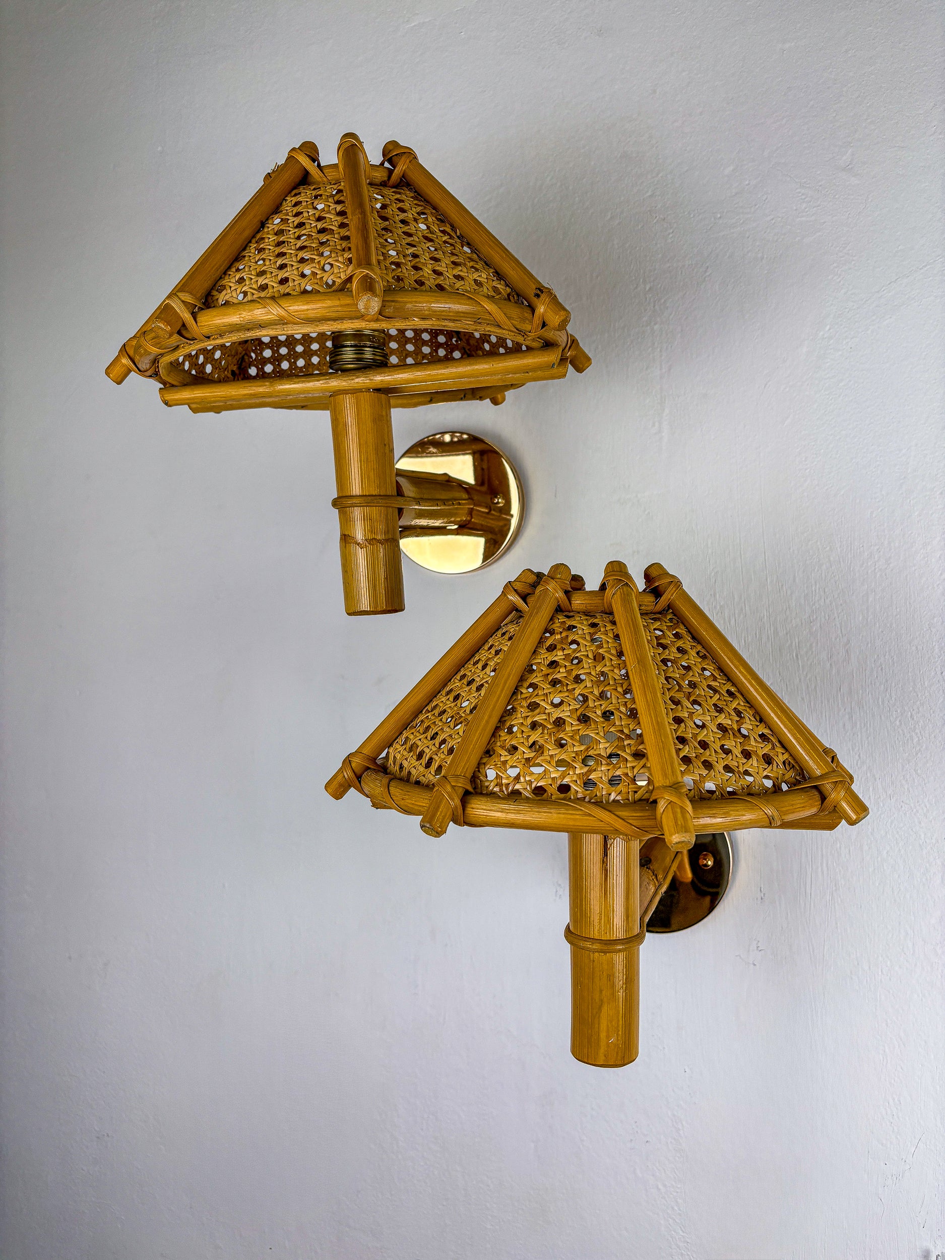 Pair of Rattan Bamboo Wall Lights with Woven Wicker Shades, Italy, 1960's
