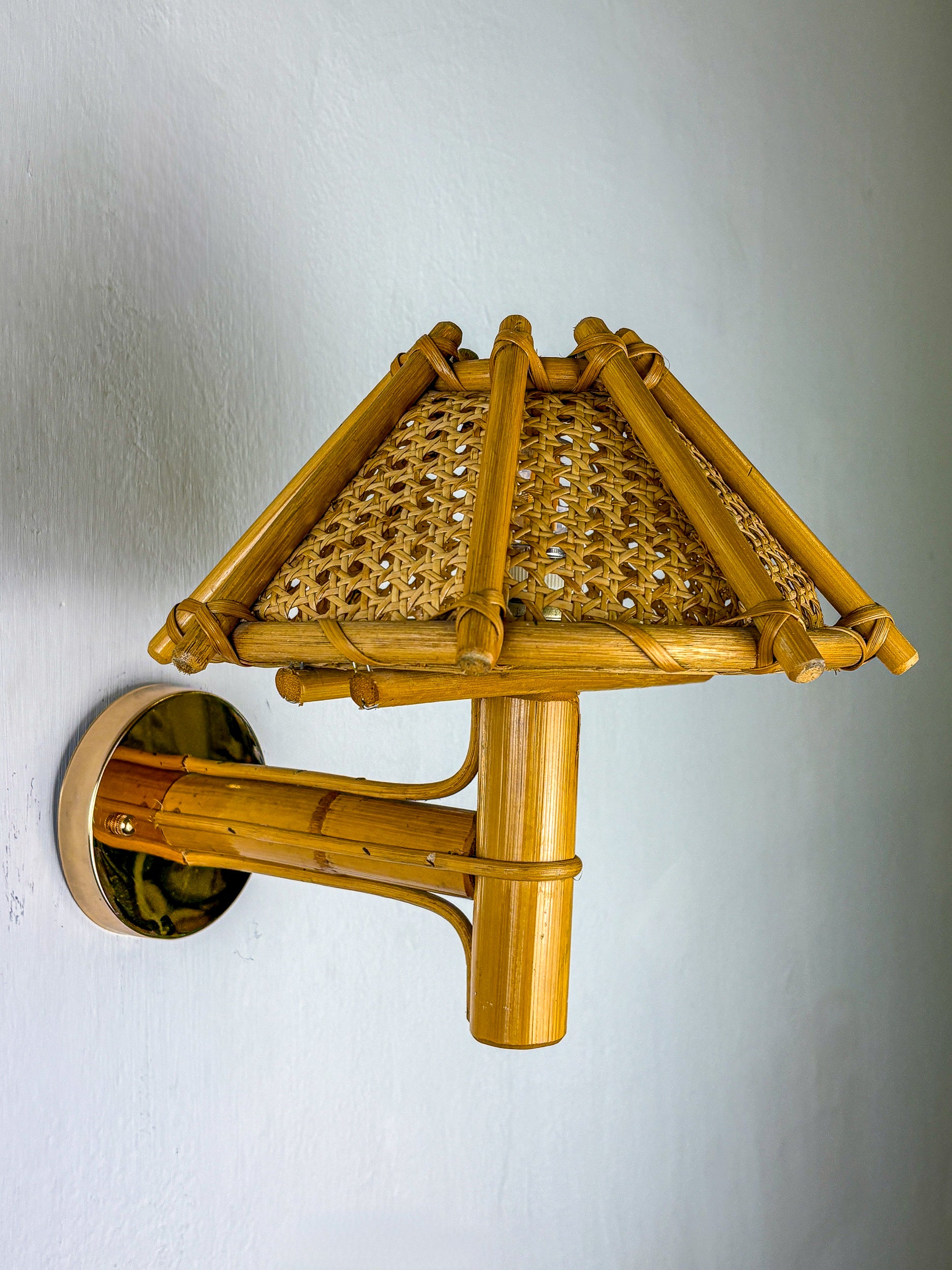 Rattan Bamboo Wall Light with Woven Wicker Shade, Italy, 1960's