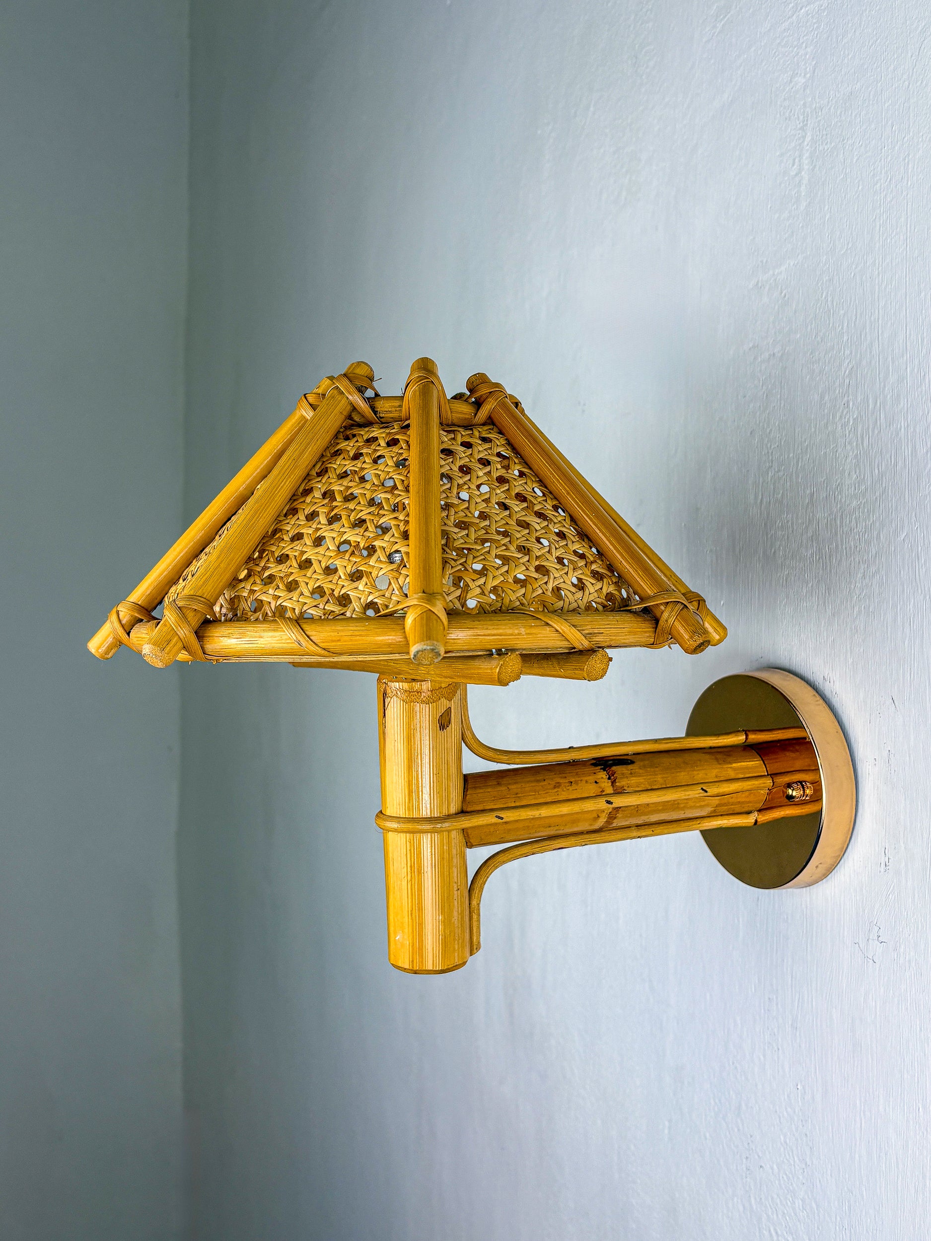 Pair of Rattan Bamboo Wall Lights with Woven Wicker Shades, Italy, 1960's