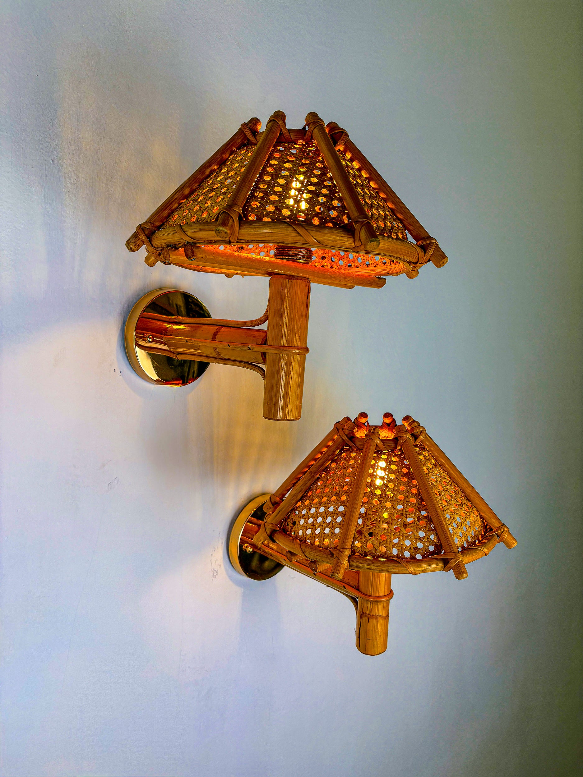 Pair of Rattan Bamboo Wall Lights with Woven Wicker Shades, Italy, 1960's
