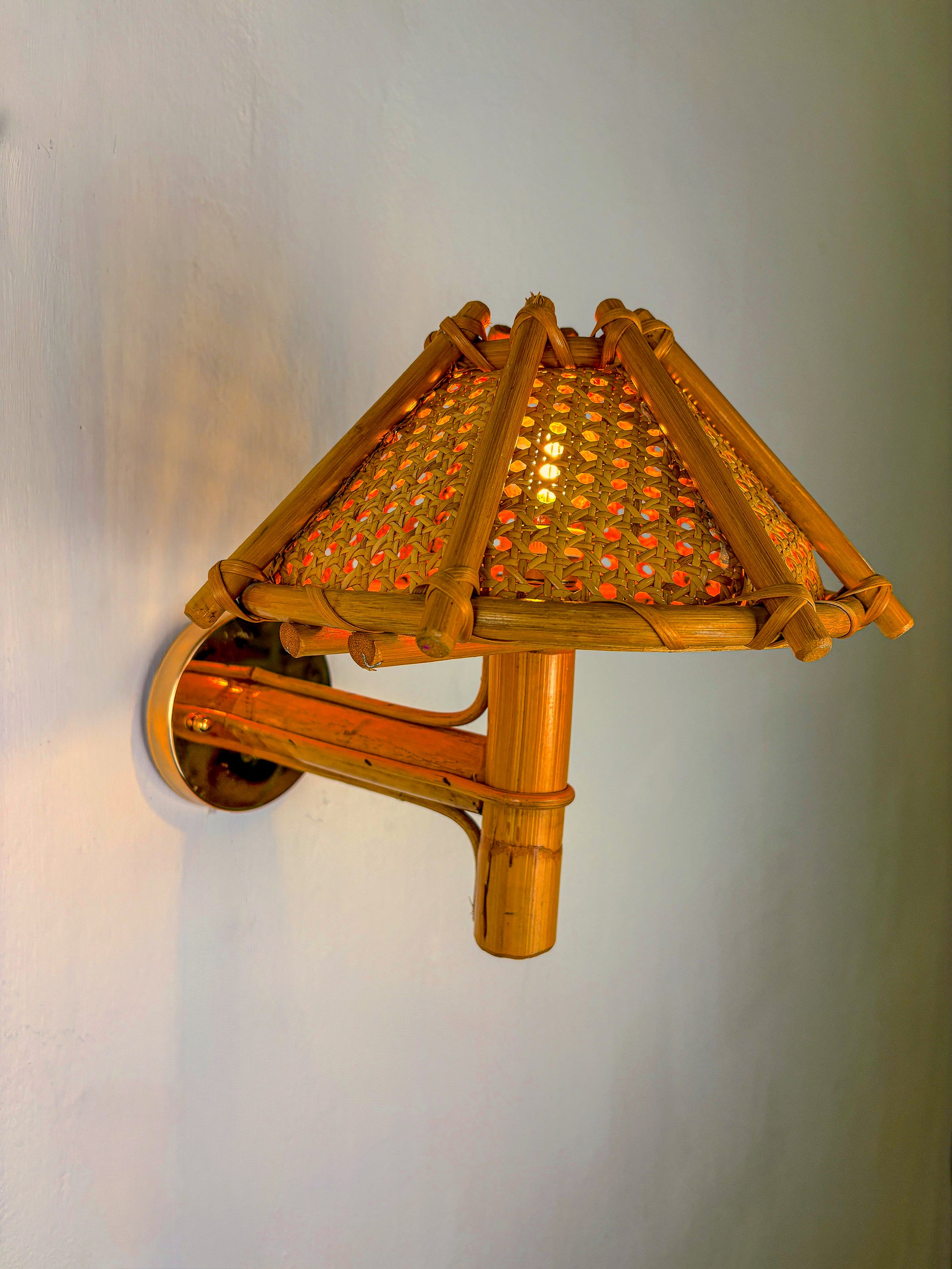Rattan Bamboo Wall Light with Woven Wicker Shade, Italy, 1960's